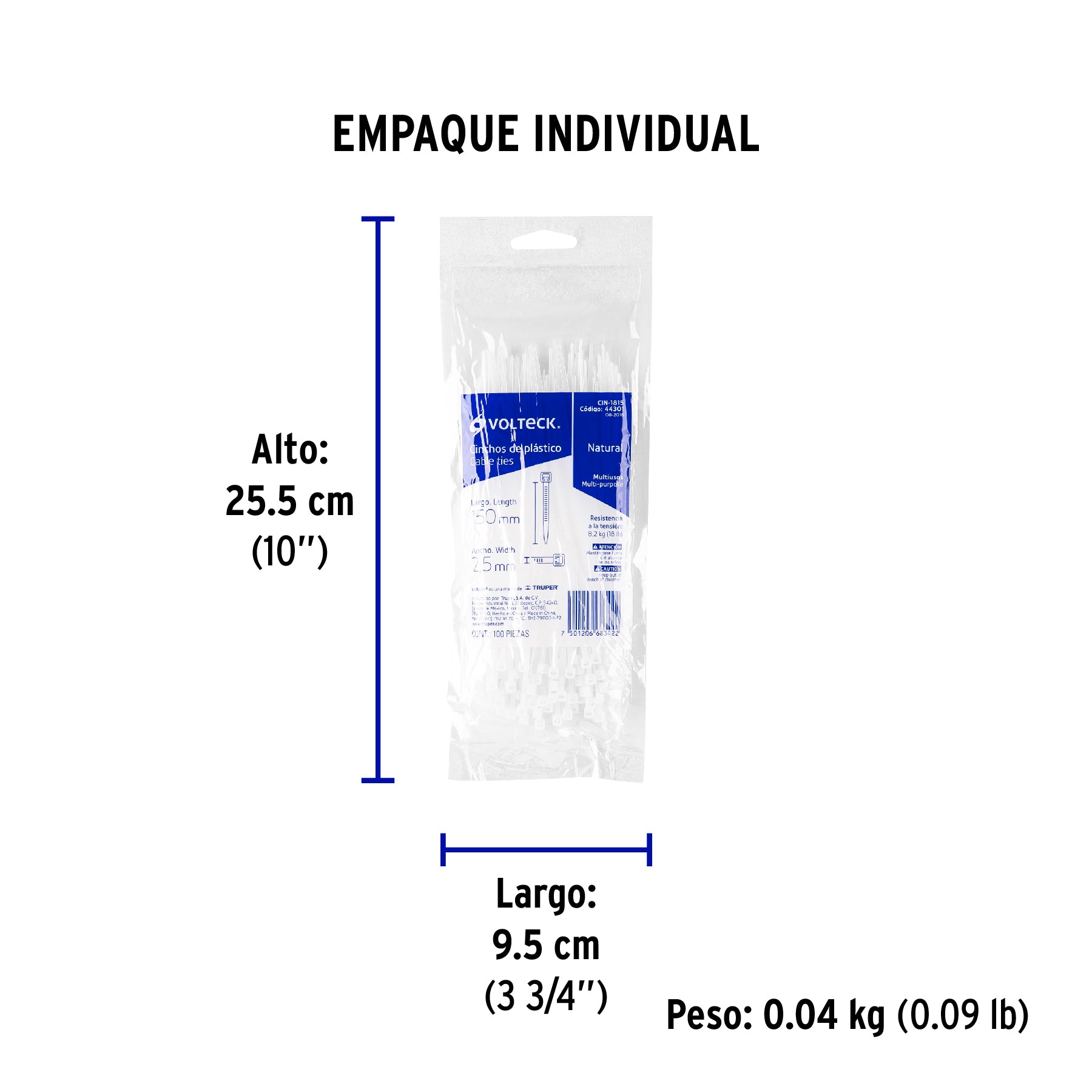 Cincho plástico, 18 lb, 15 cm, bolsa con 100 pzas