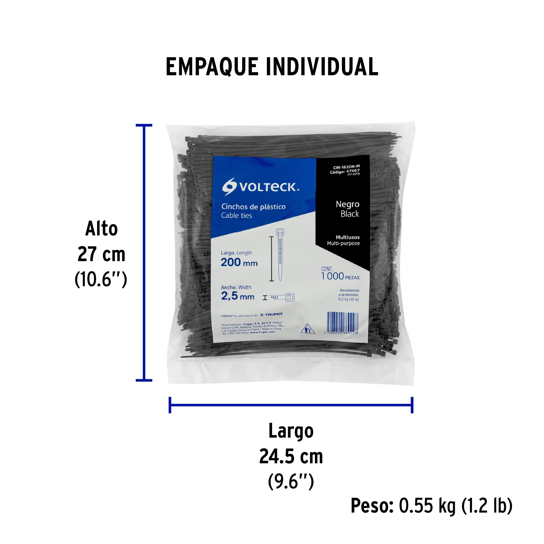 Cincho plástico, 18 lb, 20 cm, negro, bolsa con 1000 pzas