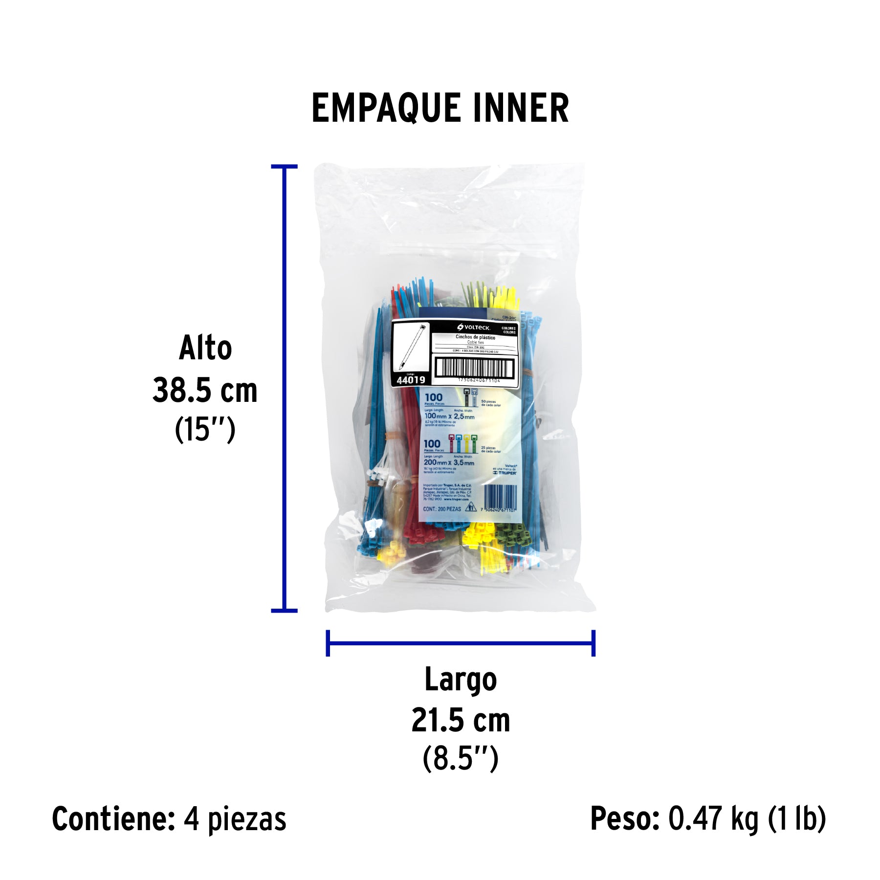 Cincho plástico, colores, bolsa con 200 piezas