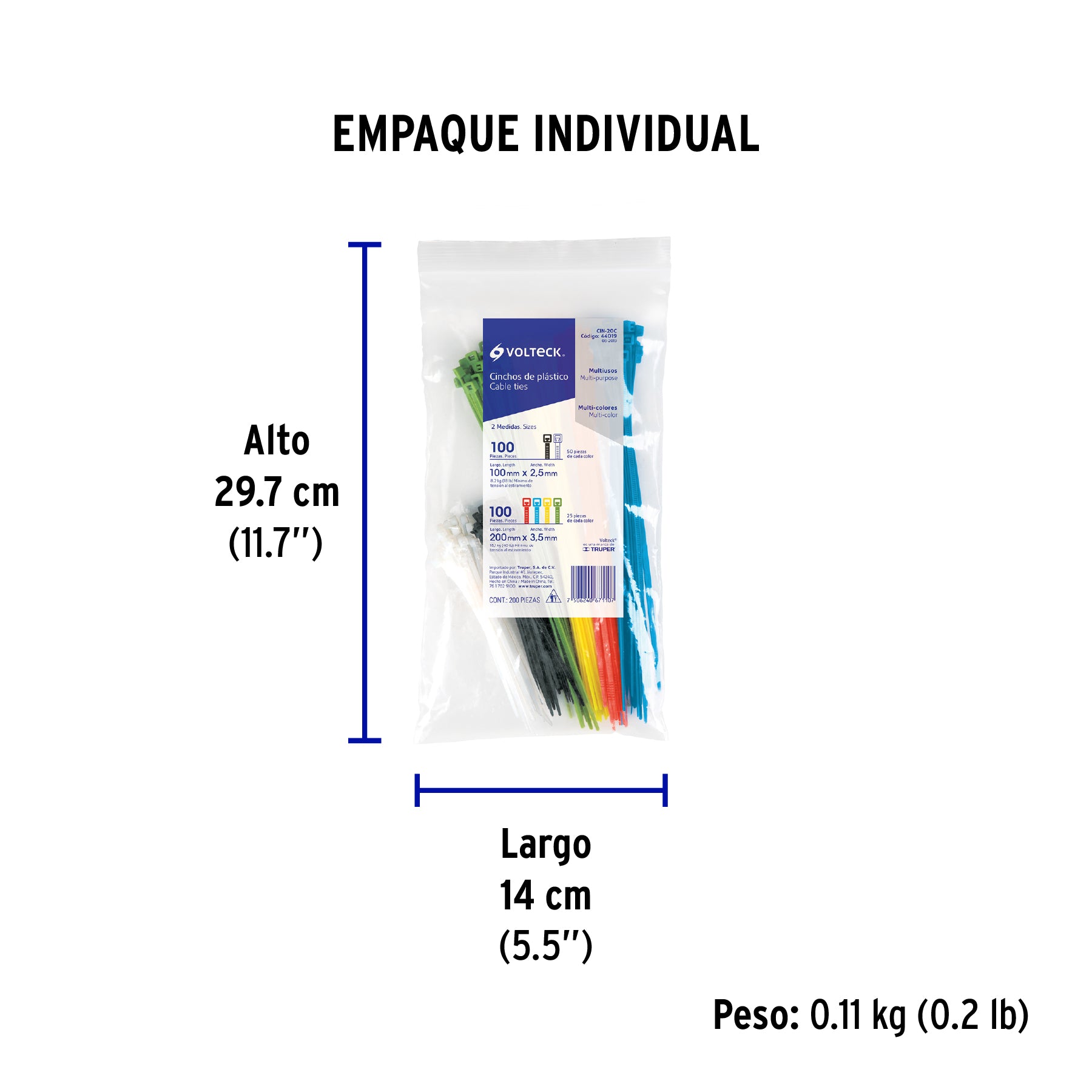 Cincho plástico, colores, bolsa con 200 piezas