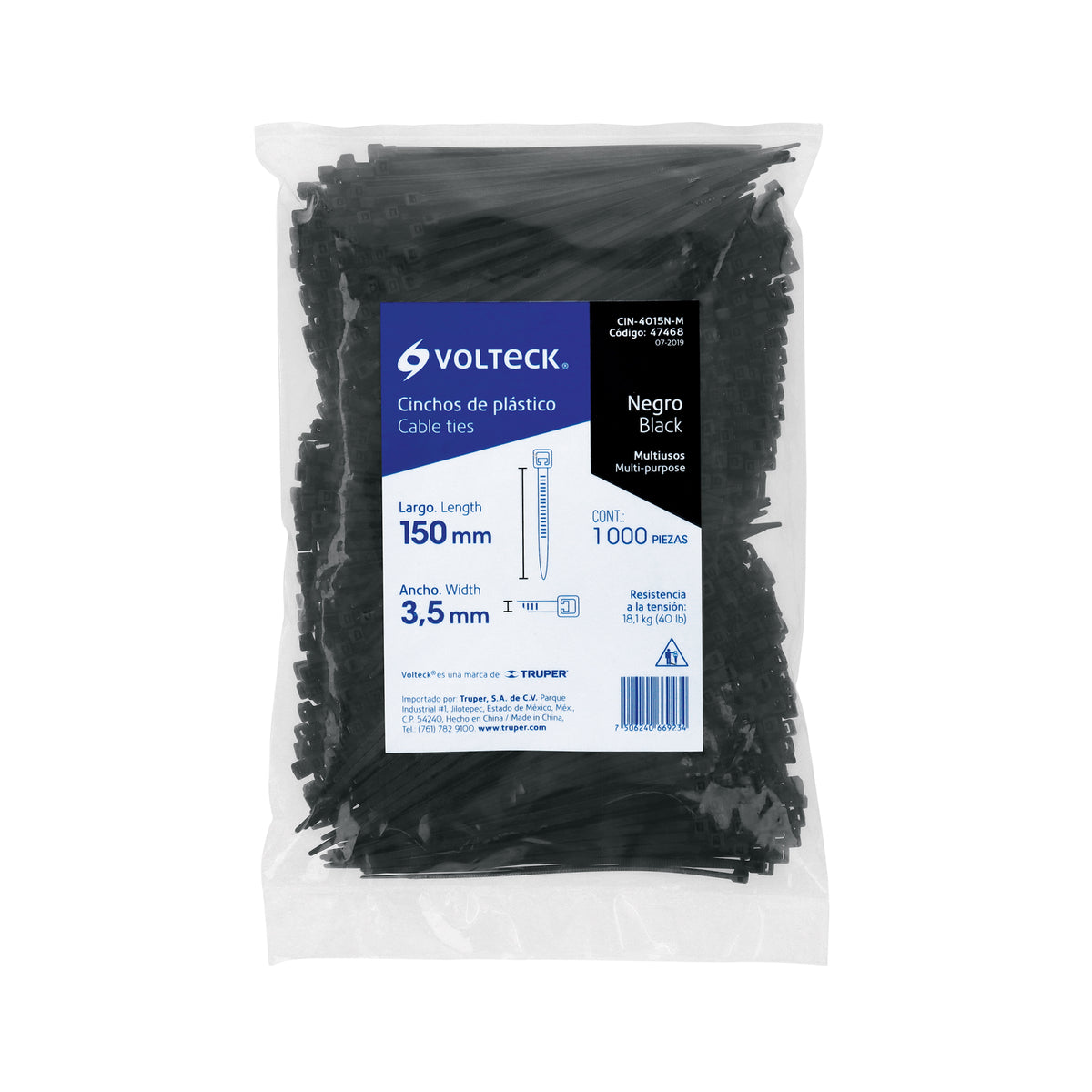 Cincho plástico, 40 lb, 15 cm, negro, bolsa con 1000 pzas