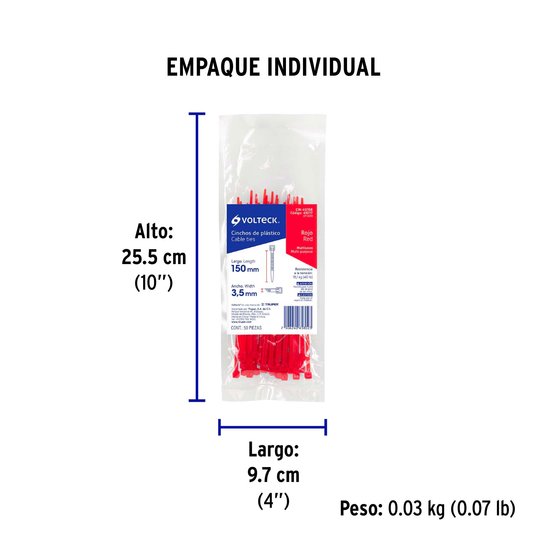 Cincho plástico rojo 40 lb, 15 cm bolsa con 50 piezas
