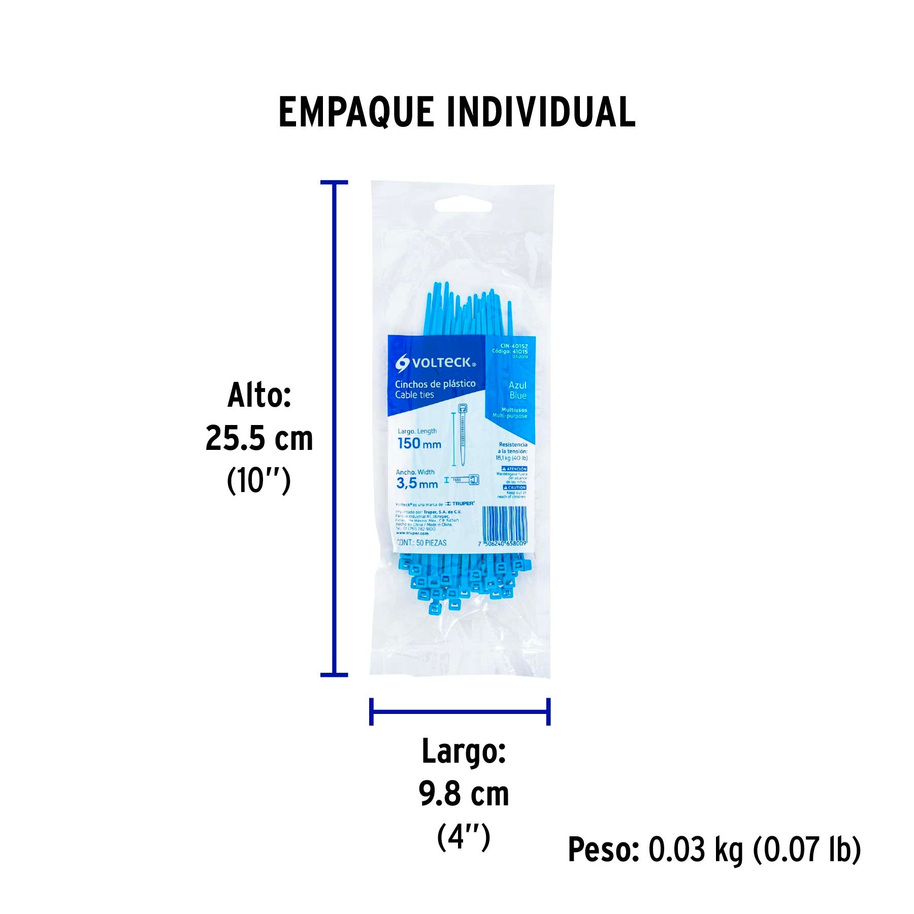 Cincho plástico azul 40 lb, 15 cm bolsa con 50 piezas