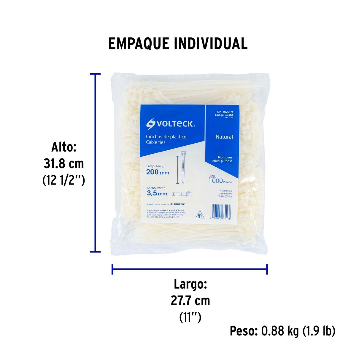 Cincho plástico, 40 lb, 20 cm, bolsa con 1000 pzas