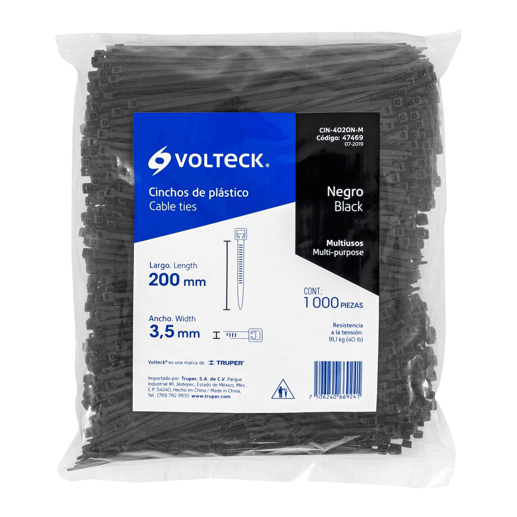 Cincho plástico, 40 lb, 20 cm, negro, bolsa con 1000 pzas