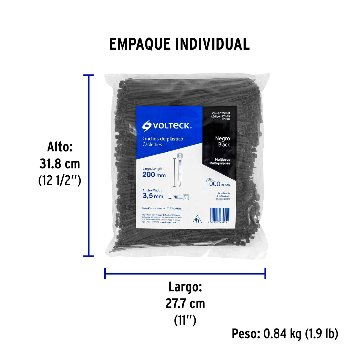Cincho plástico, 40 lb, 20 cm, negro, bolsa con 1000 pzas