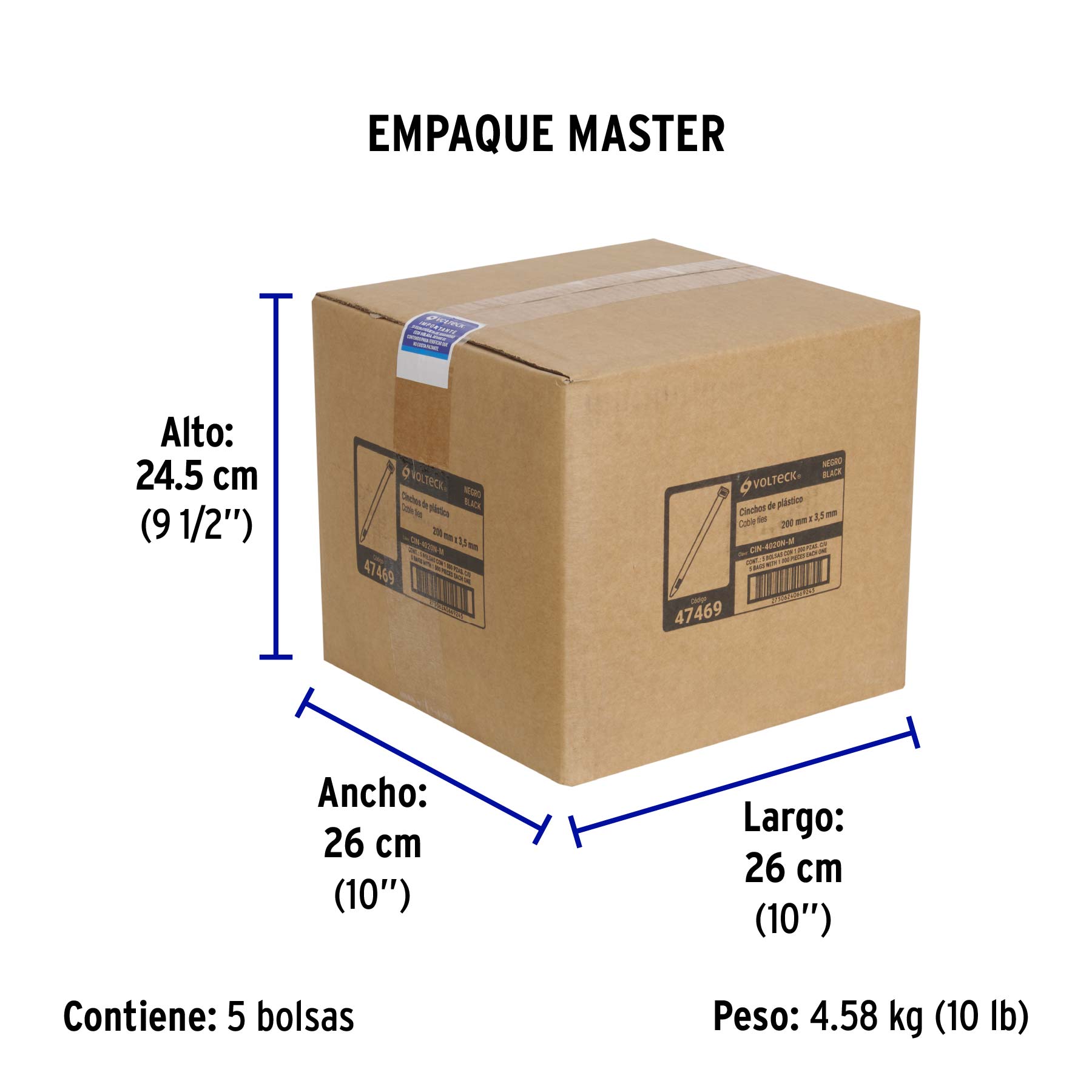 Cincho plástico, 40 lb, 20 cm, negro, bolsa con 1000 pzas