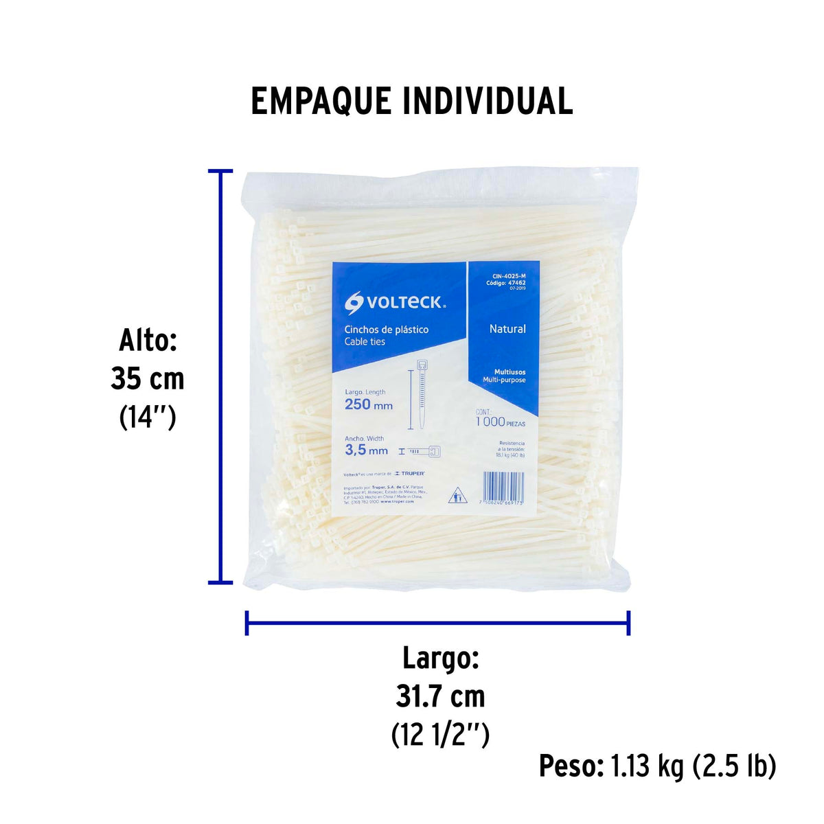 Cincho plástico, 40 lb, 25 cm, bolsa con 1000 pzas