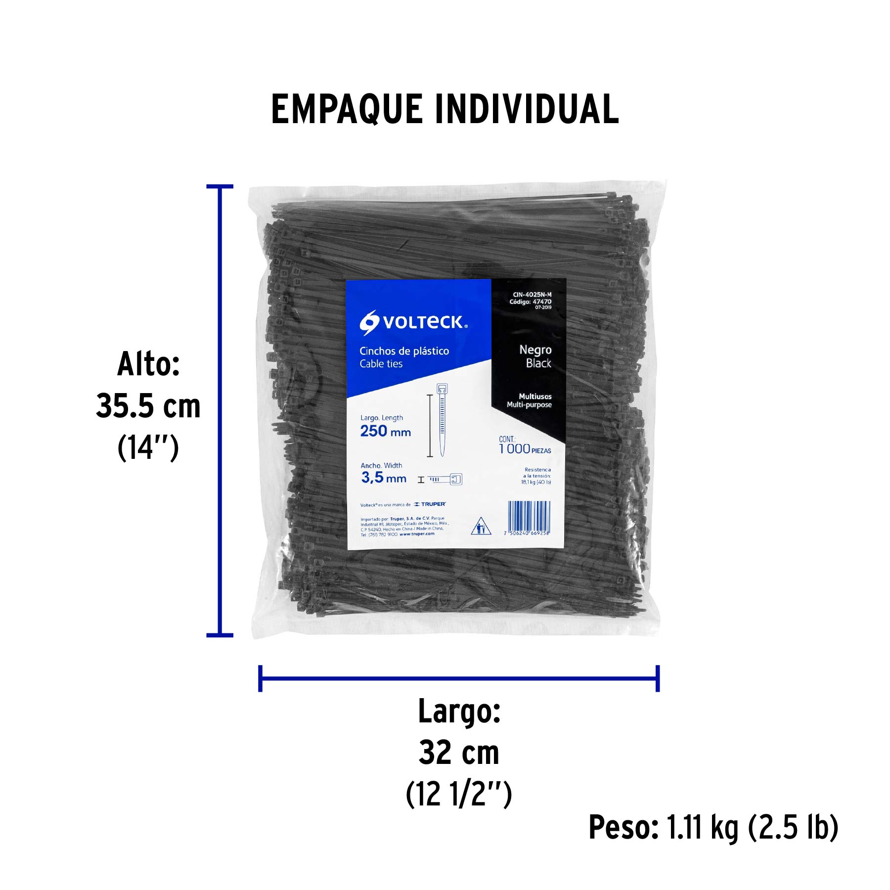 Cincho plástico, 40 lb, 25 cm, negro, bolsa con 1000 pzas