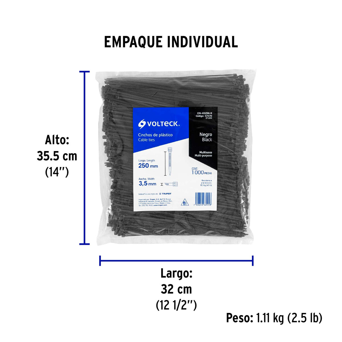 Cincho plástico, 40 lb, 25 cm, negro, bolsa con 1000 pzas