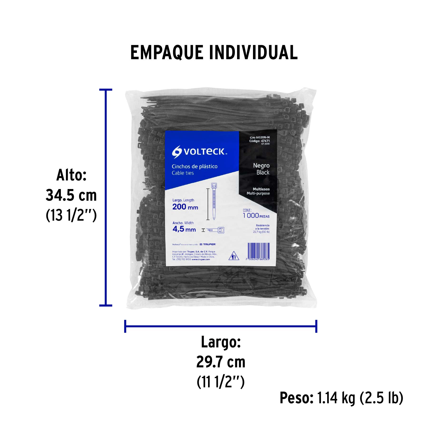 Cincho plástico, 50 lb, 20 cm, negro, bolsa con 1000 pzas
