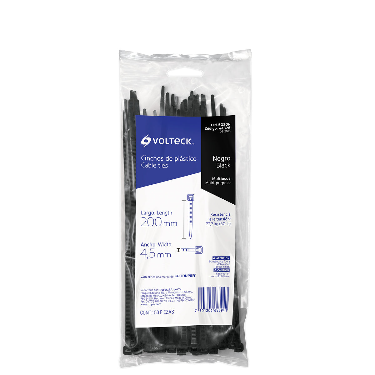 Cincho plástico, 50 lb, 20 cm, negro, bolsa con 50 pzas
