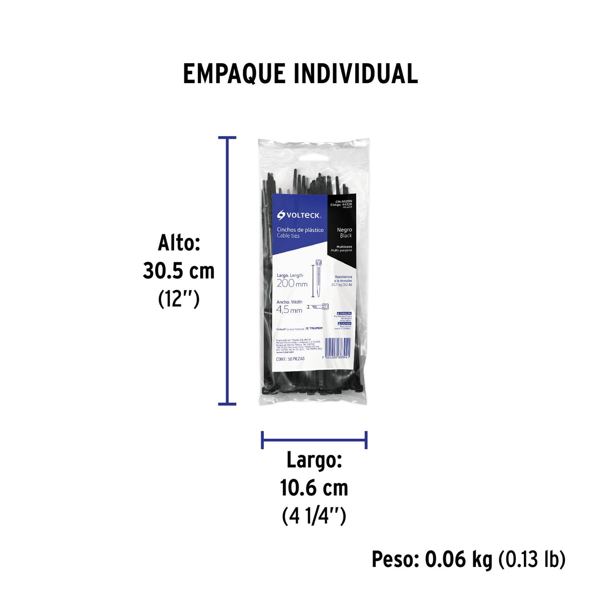 Cincho plástico, 50 lb, 20 cm, negro, bolsa con 50 pzas