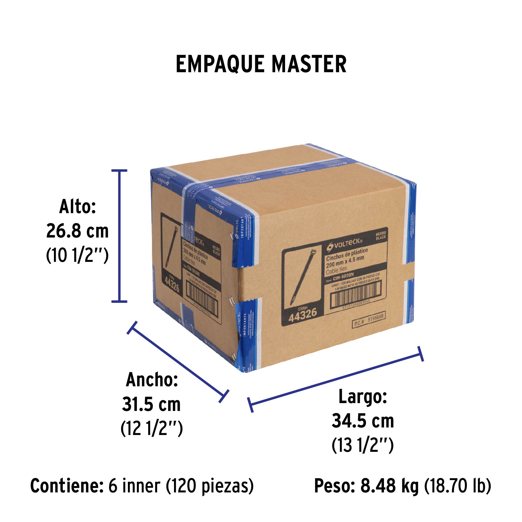 Cincho plástico, 50 lb, 20 cm, negro, bolsa con 50 pzas