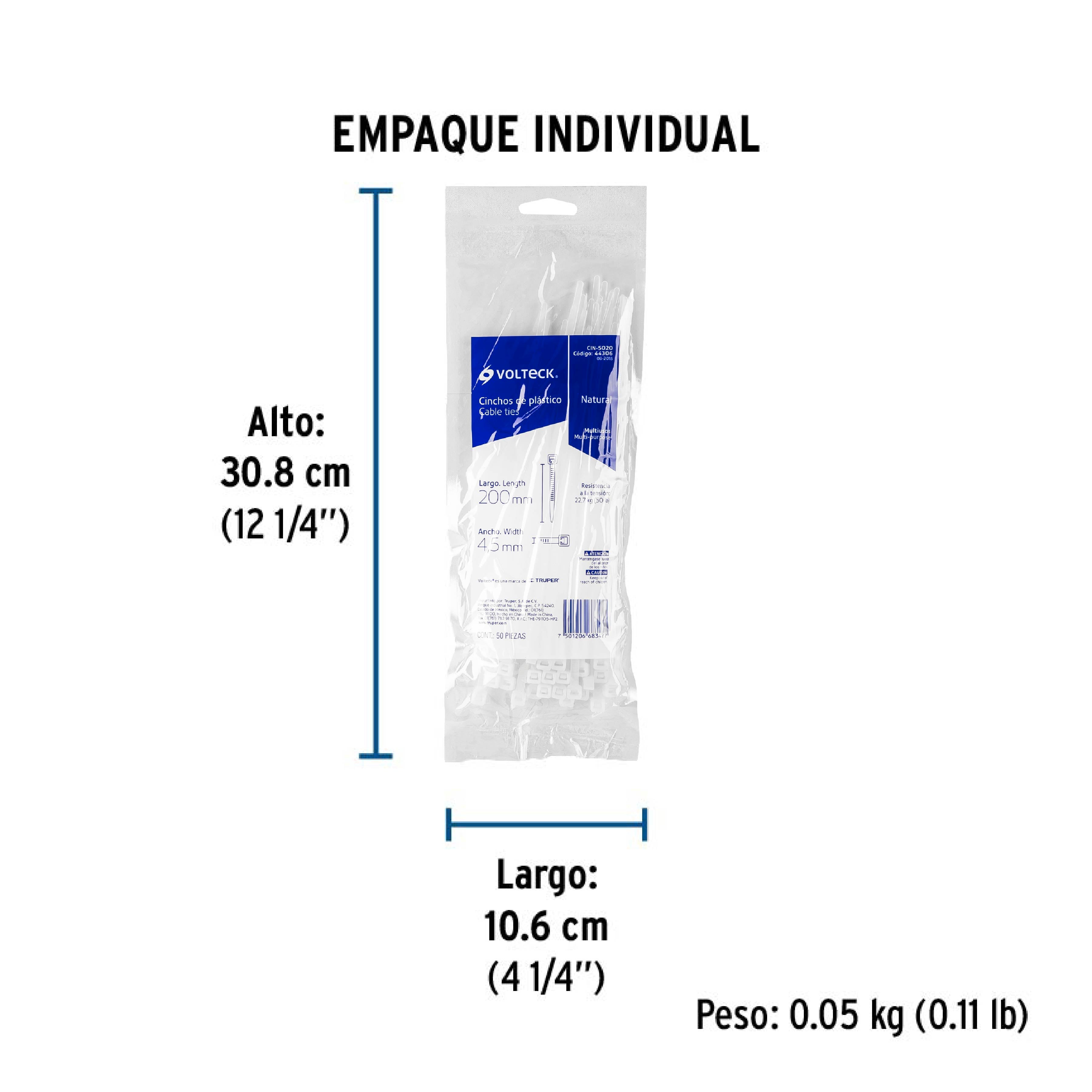 Cincho plástico, 50 lb, 20 cm, bolsa con 50 pzas