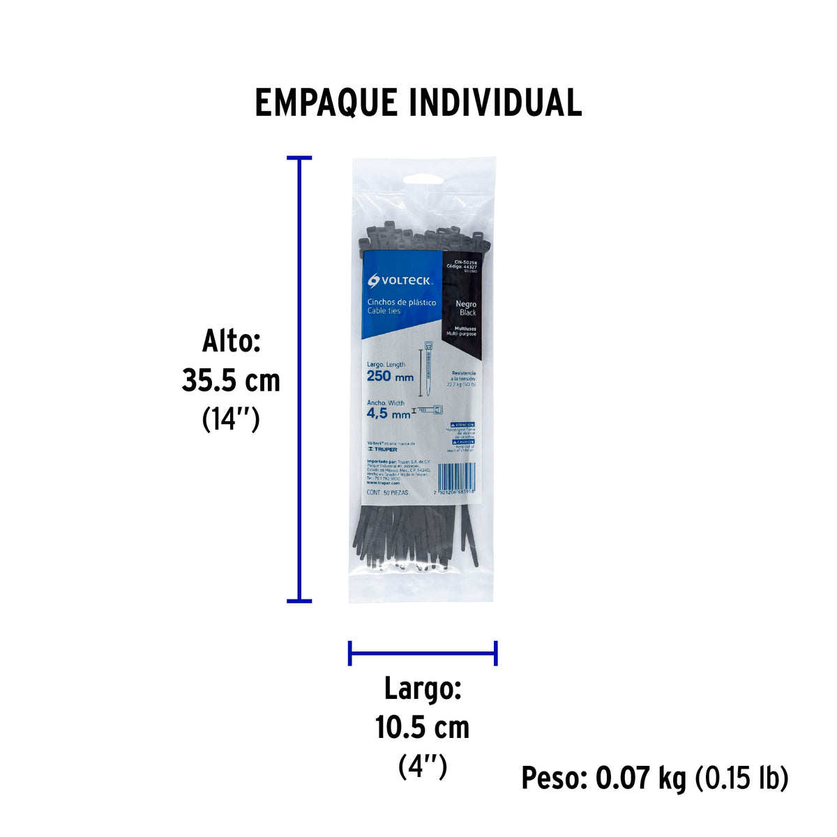 Cincho plástico, 50 lb, 25 cm, negro, bolsa con 50 pzas