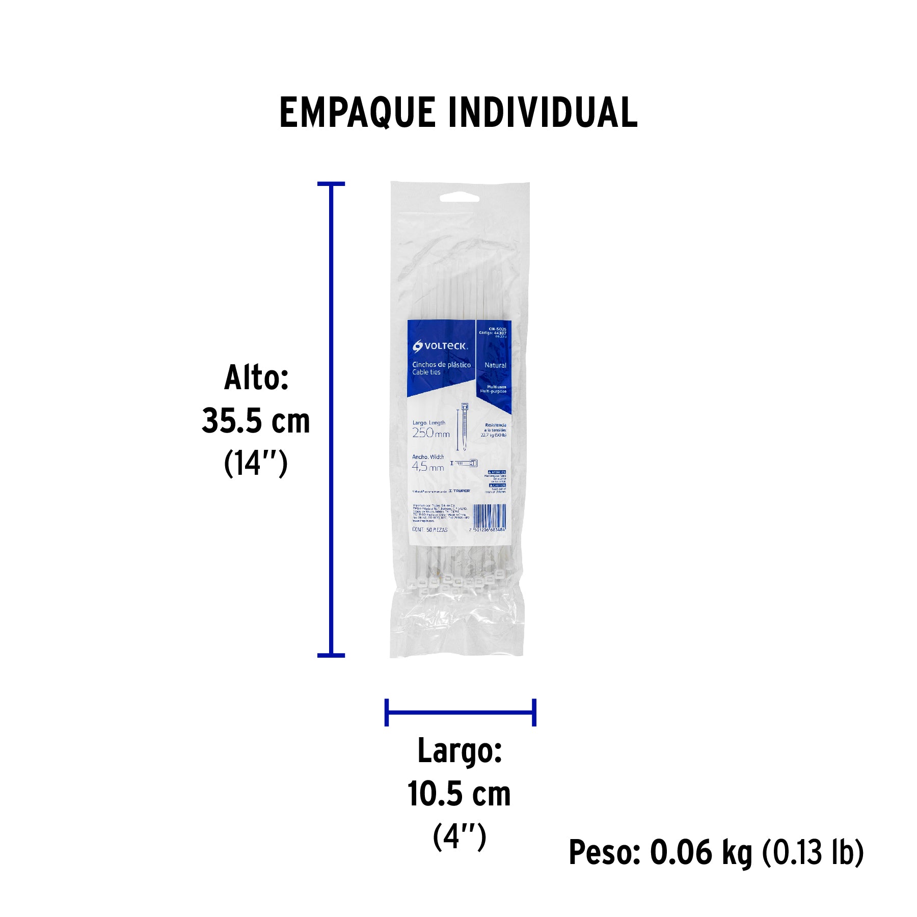 Cincho plástico, 50 lb, 25 cm, bolsa con 50 pzas