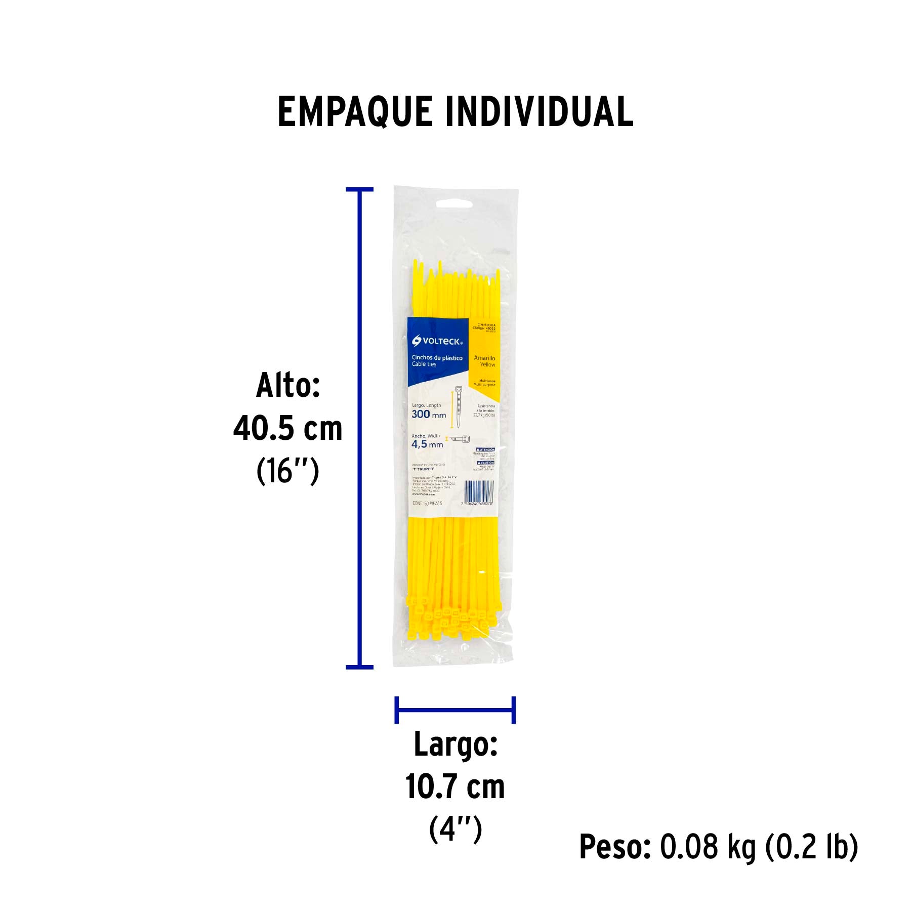 Cincho plástico amarillo 50 lb, 30 cm bolsa con 50 piezas