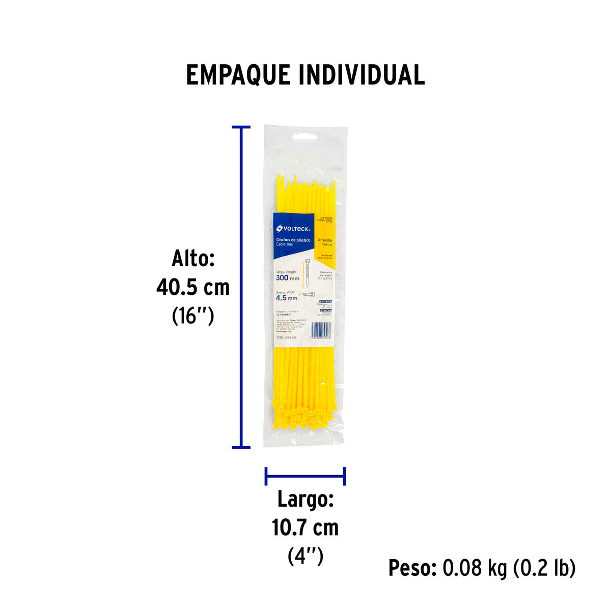 Cincho plástico amarillo 50 lb, 30 cm bolsa con 50 piezas