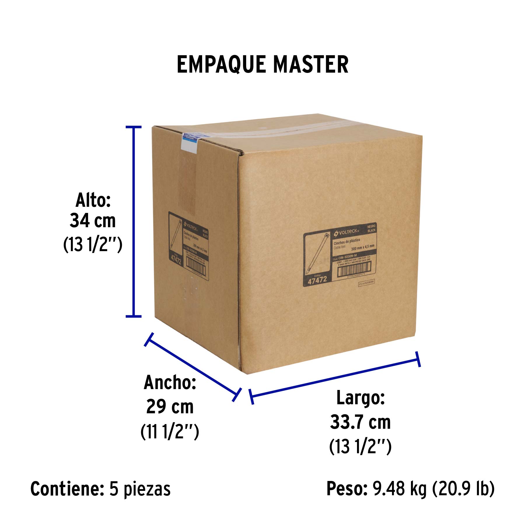 Cincho plástico, 50 lb, 30 cm, negro, bolsa con 1000 pzas
