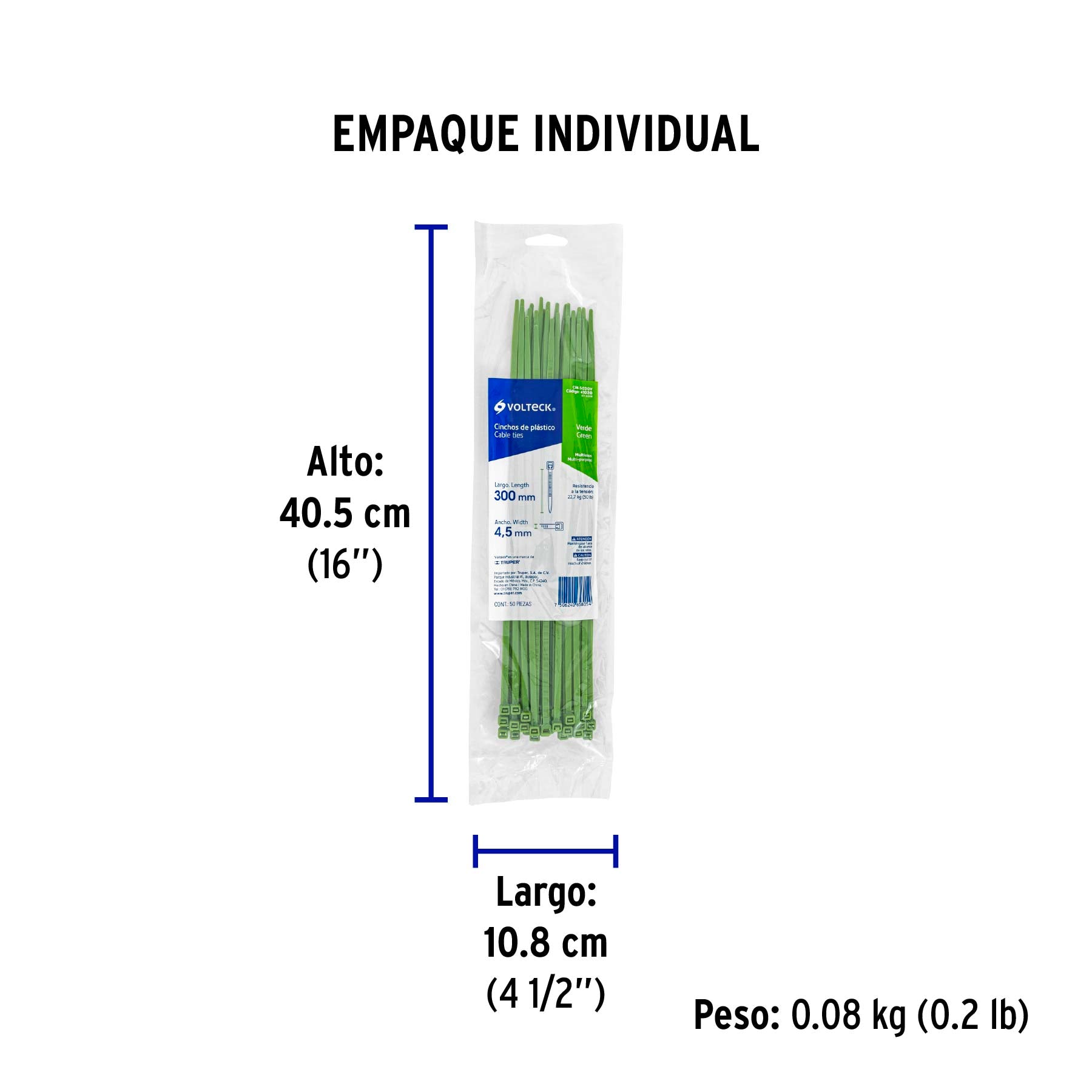 Cincho plástico verde 50 lb, 30 cm bolsa con 50 piezas