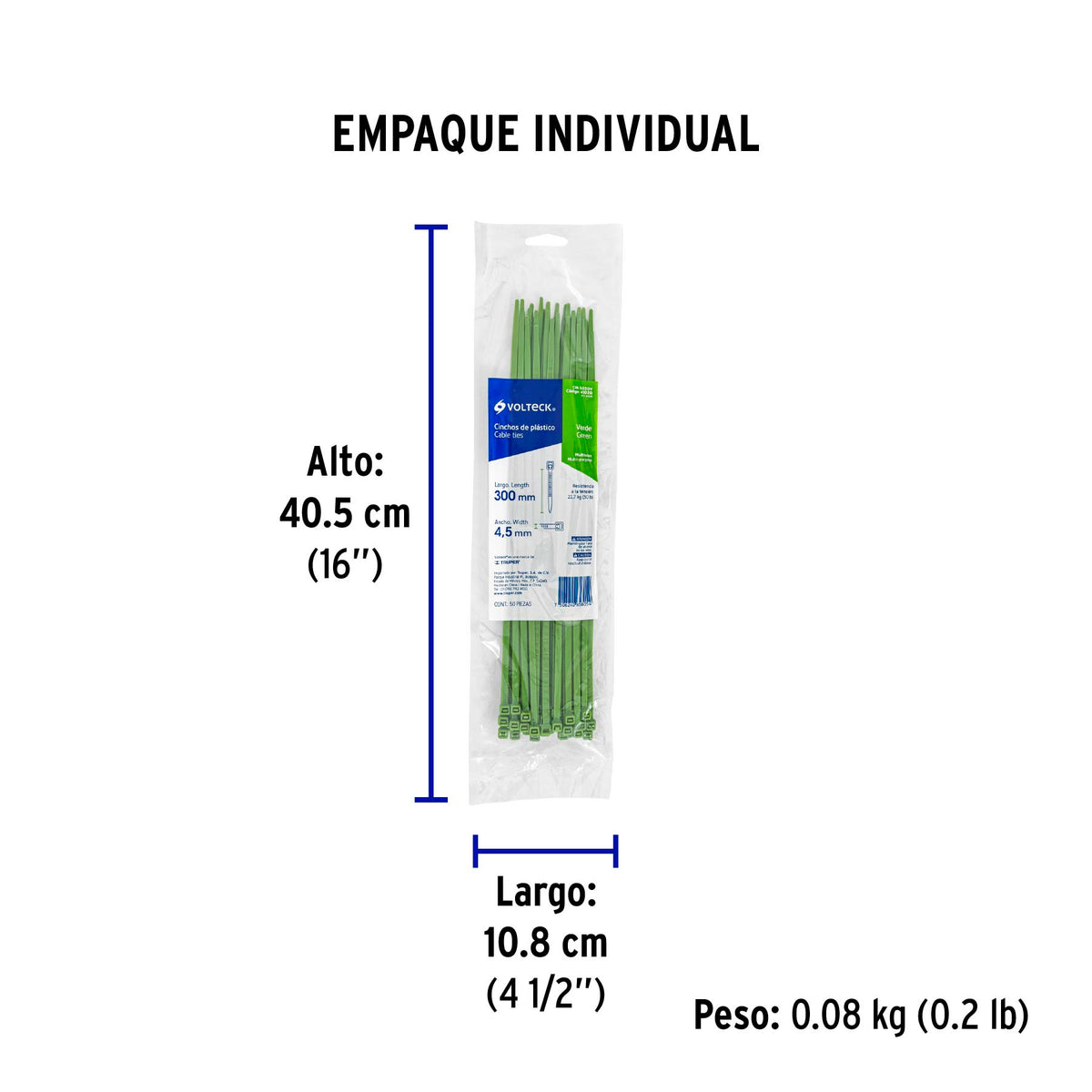 Cincho plástico verde 50 lb, 30 cm bolsa con 50 piezas
