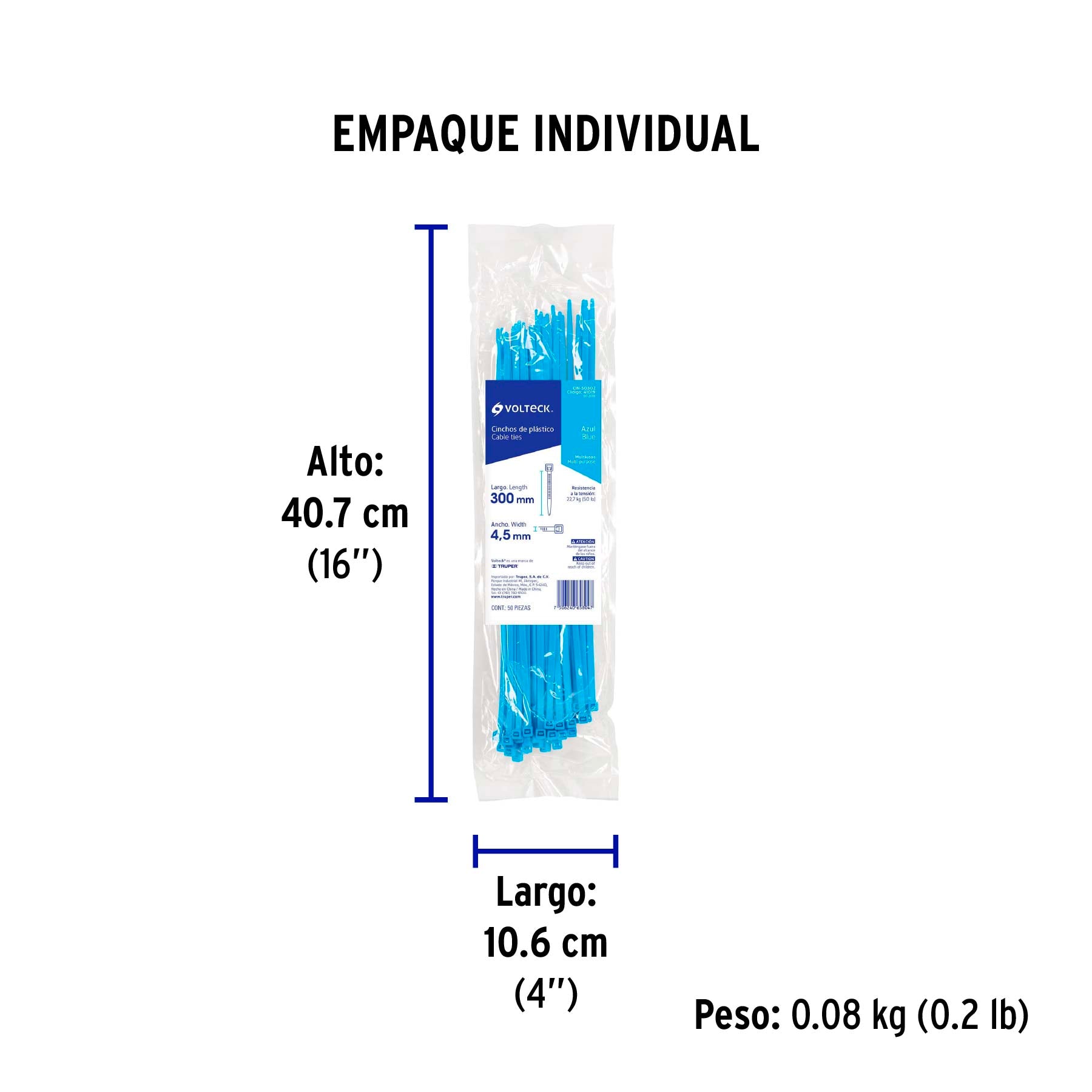 Cincho plástico azul 50 lb, 30 cm bolsa con 50 piezas