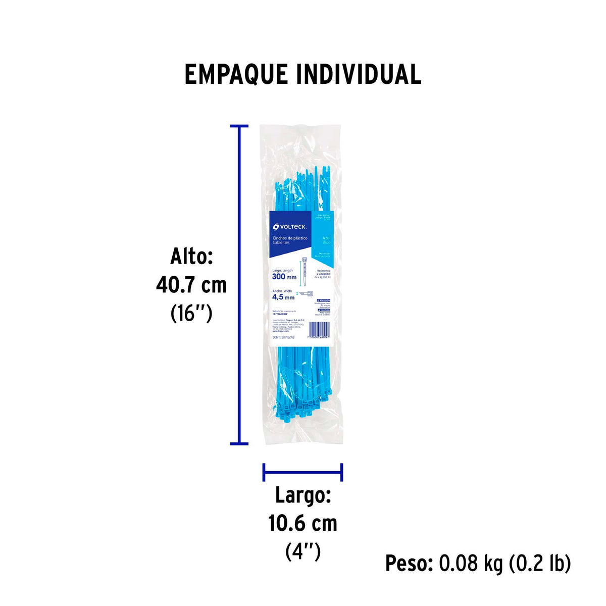 Cincho plástico azul 50 lb, 30 cm bolsa con 50 piezas