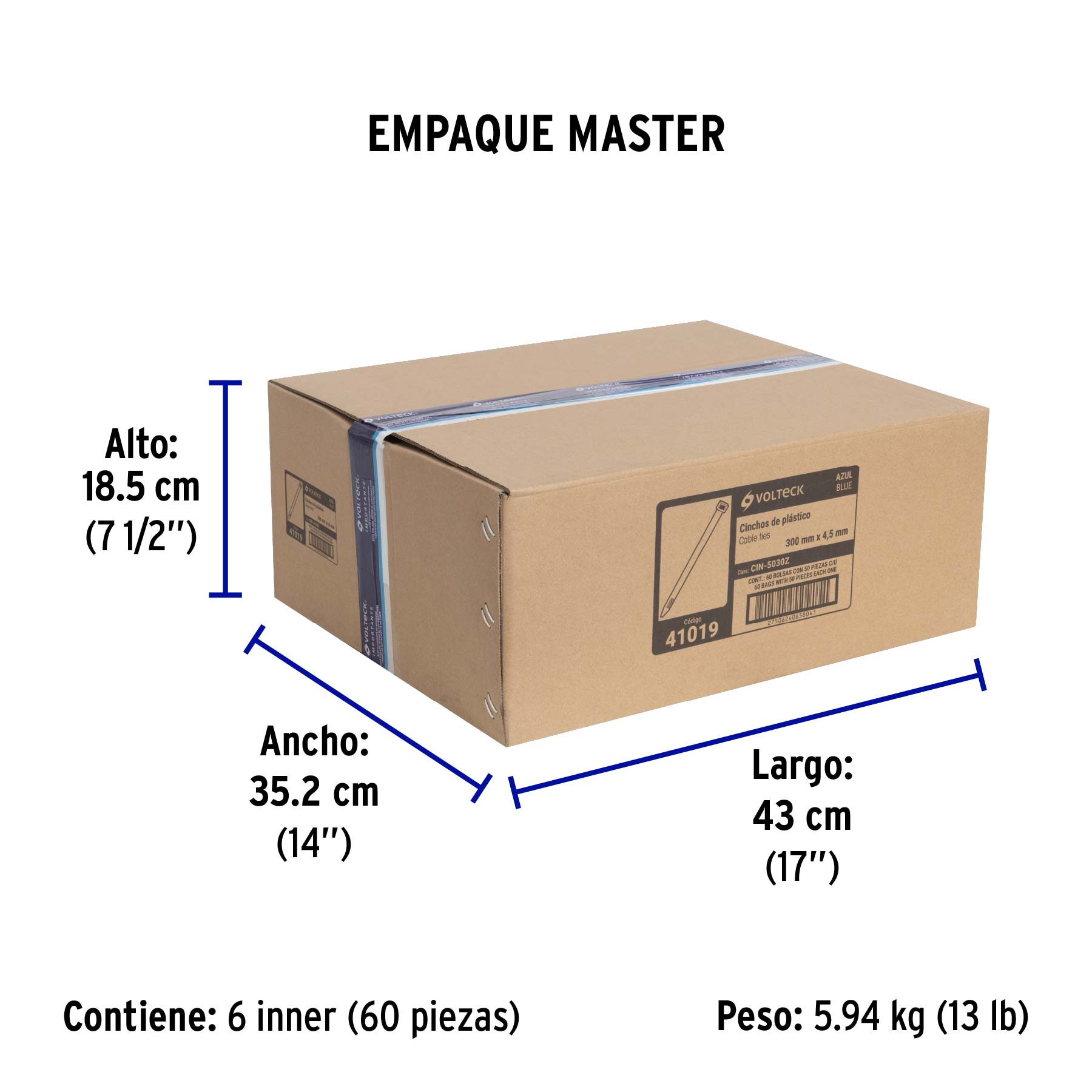 Cincho plástico azul 50 lb, 30 cm bolsa con 50 piezas