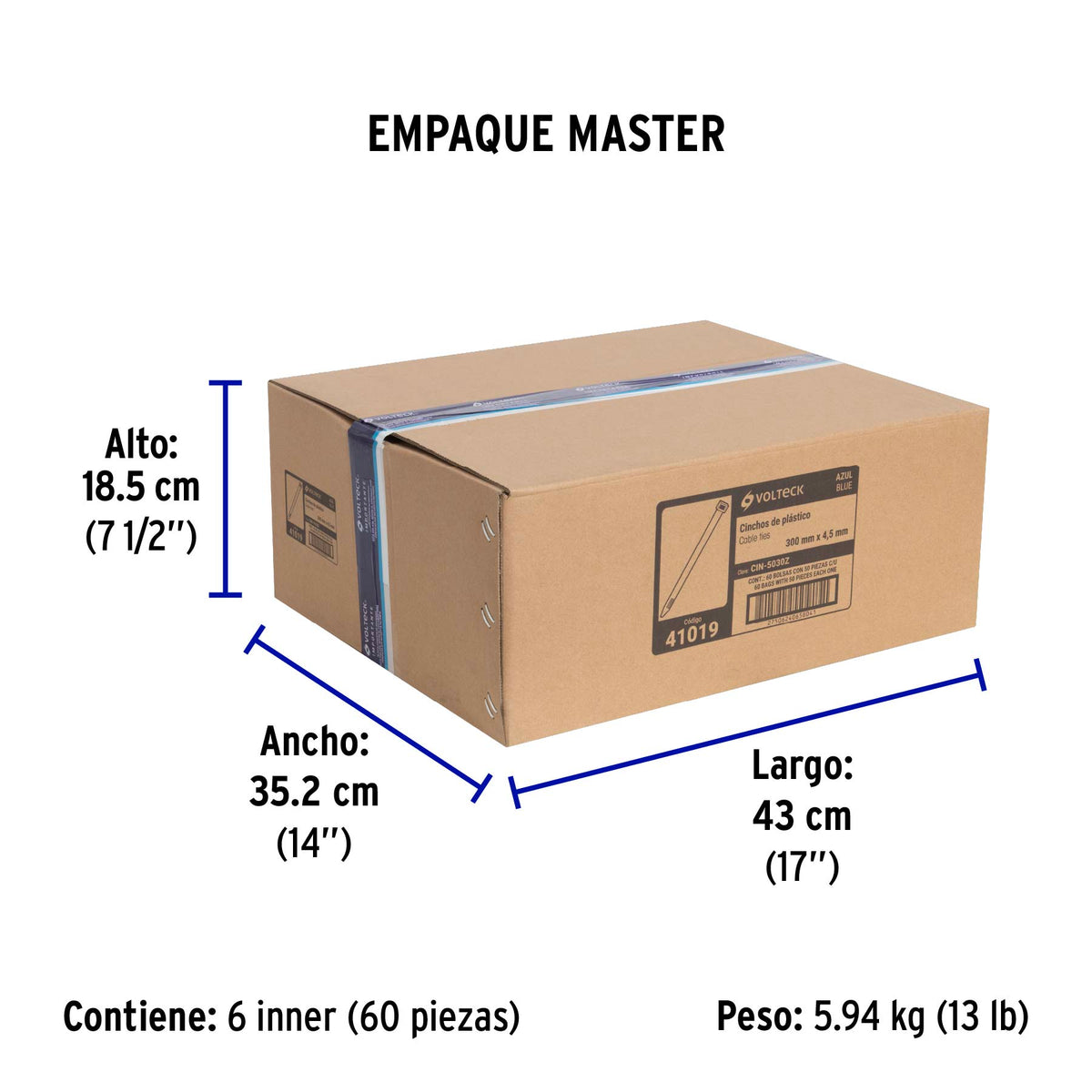 Cincho plástico azul 50 lb, 30 cm bolsa con 50 piezas