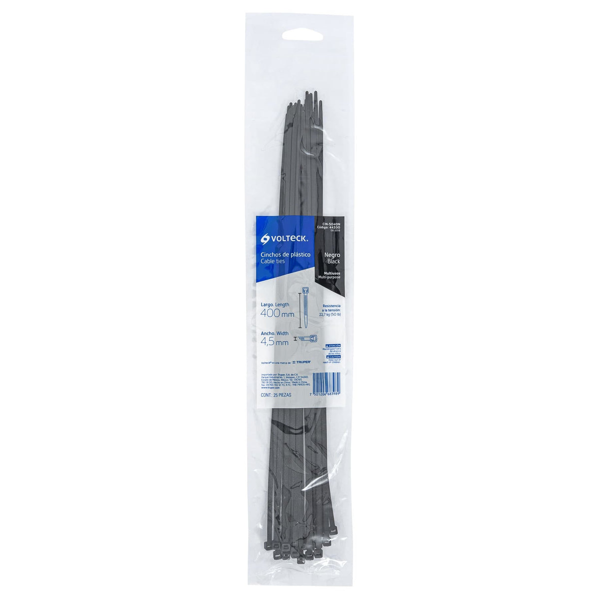 Cincho plástico, 50 lb, 40 cm, negro, bolsa con 25 pzas