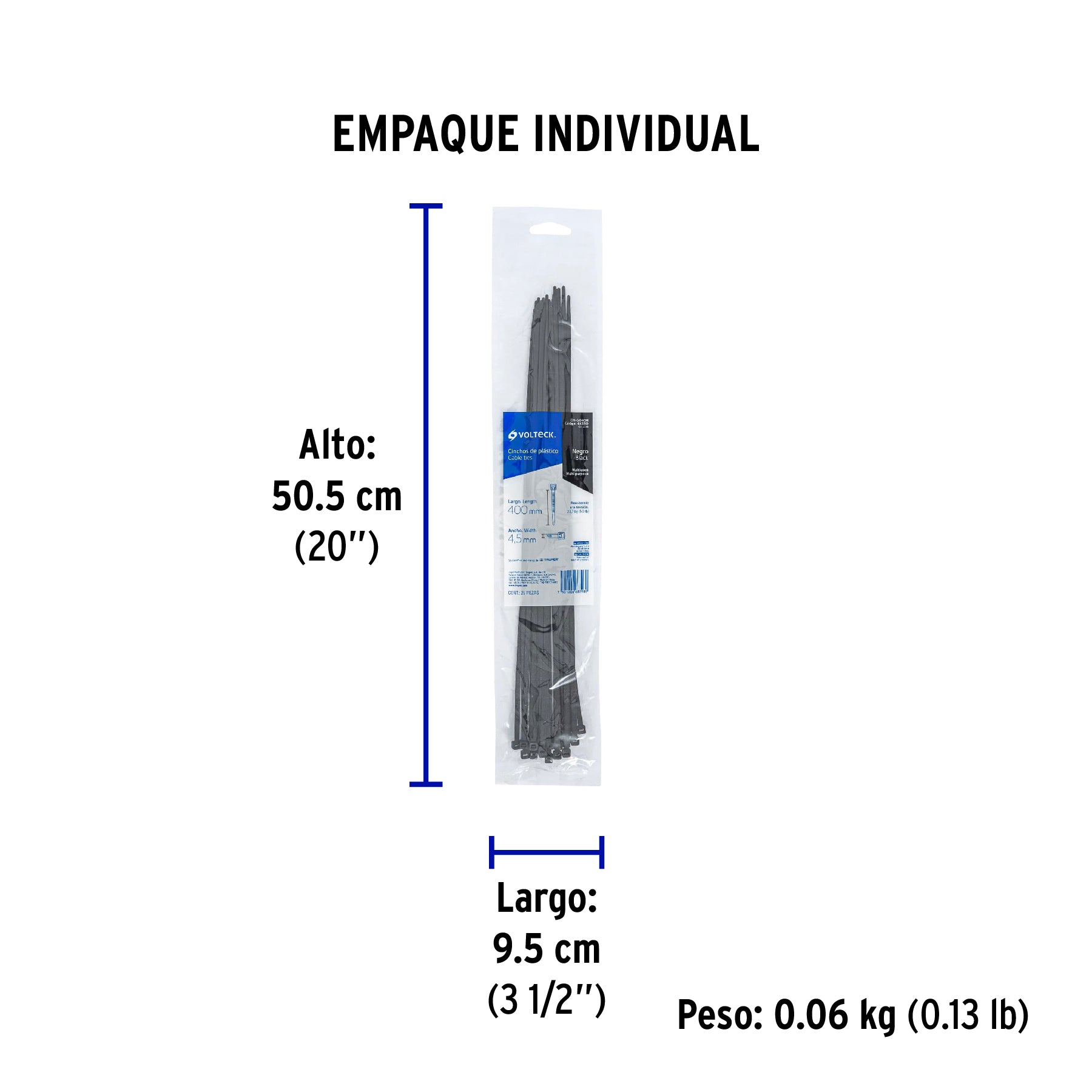 Cincho plástico, 50 lb, 40 cm, negro, bolsa con 25 pzas