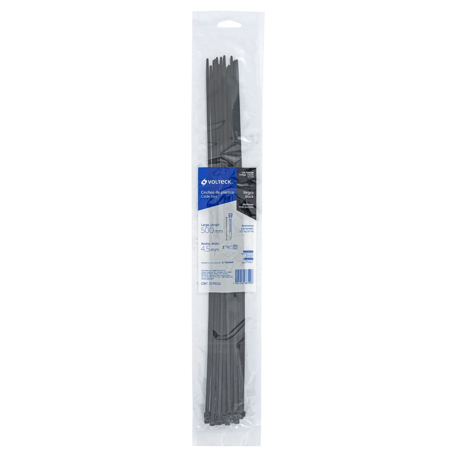 Cincho plástico, 50 lb, 50 cm, negro, bolsa con 25 pzas