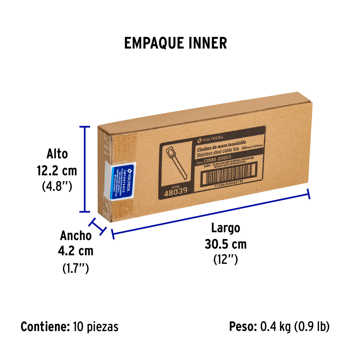 Cincho de acero inoxidable 20 cm, 200 lb, 10 pzas