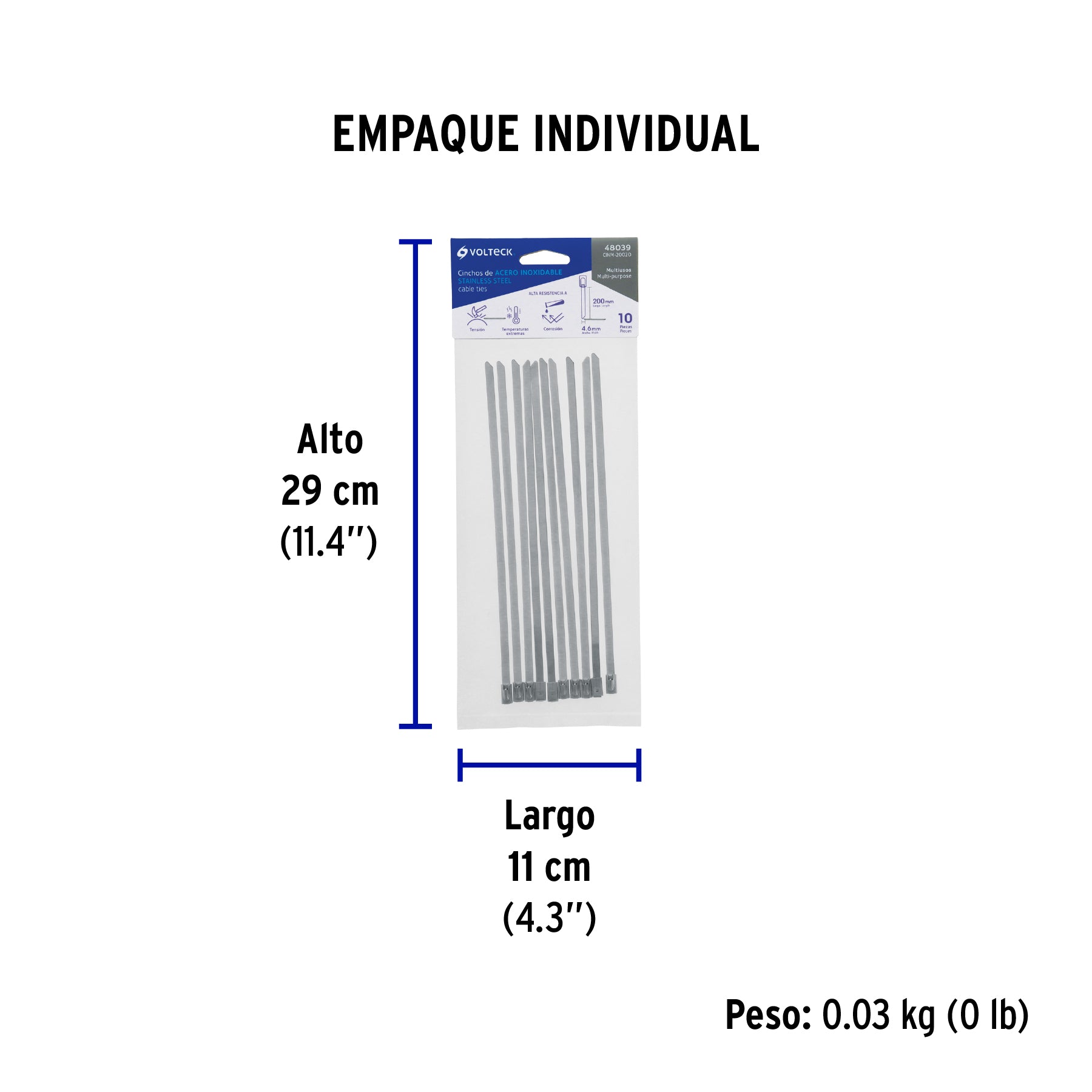 Cincho de acero inoxidable 20 cm, 200 lb, 10 pzas