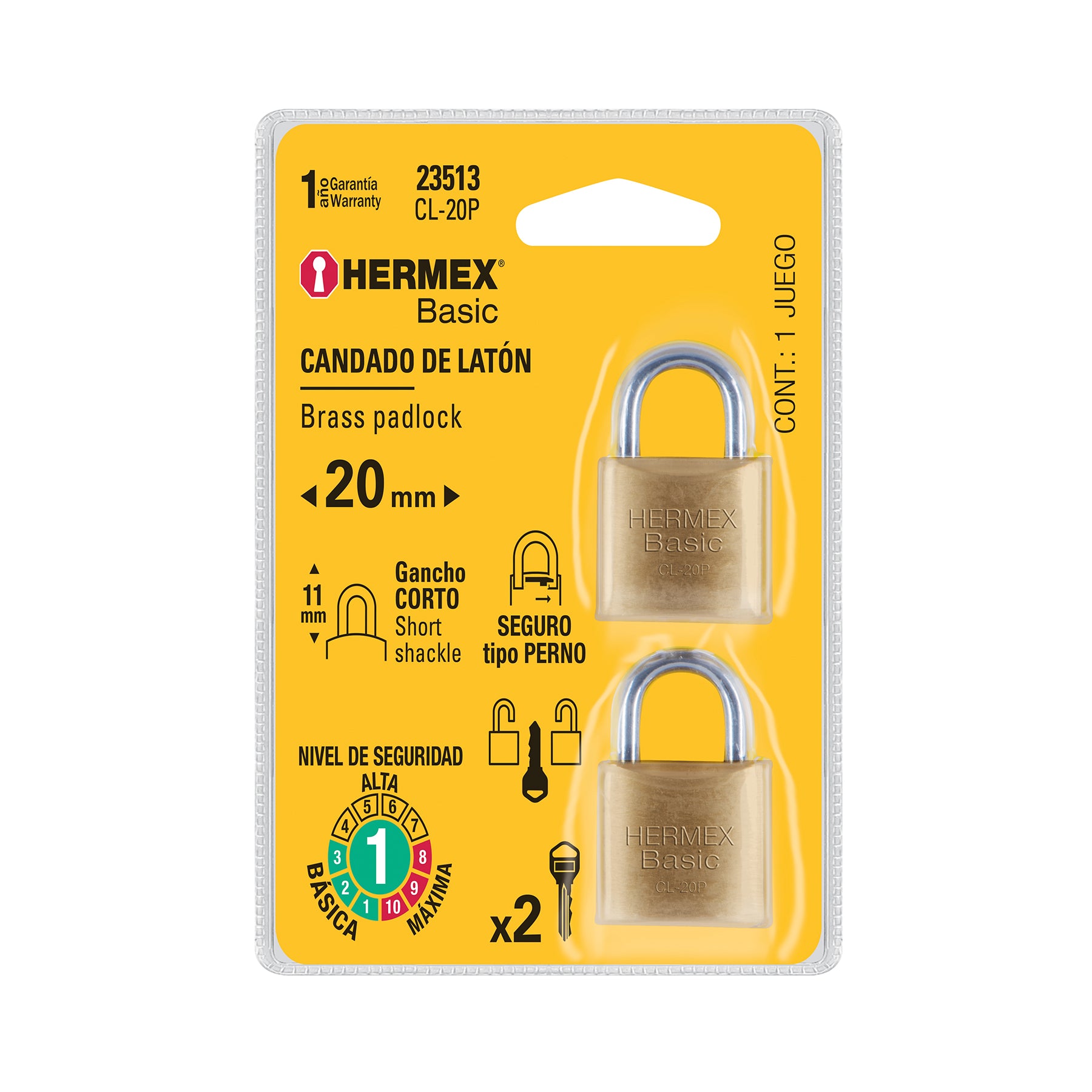 Candados de latón, 20mm, blister 2 piezas, Hermex Basic