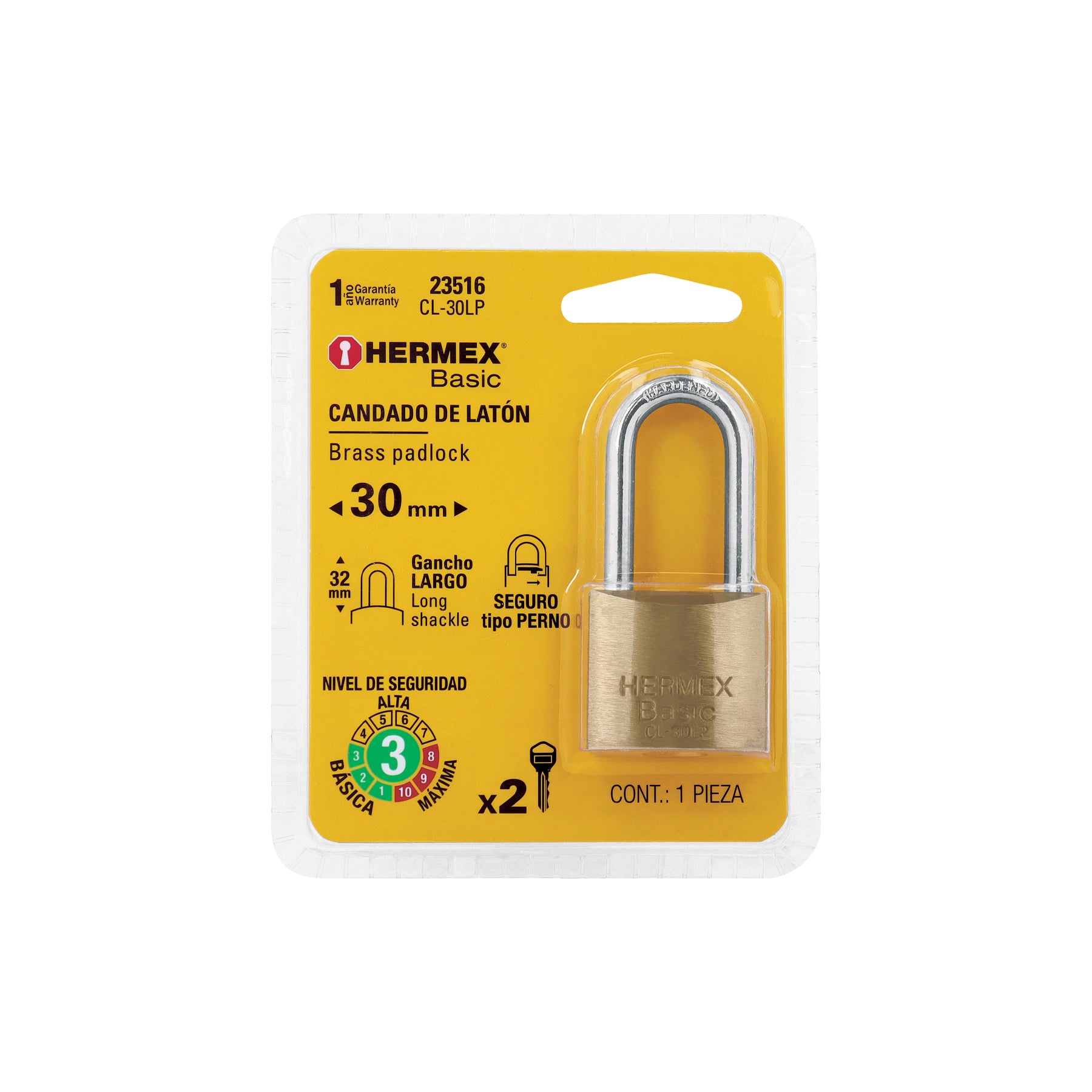 Candado de latón, 30mm, gancho largo, blister, Hermex Basic