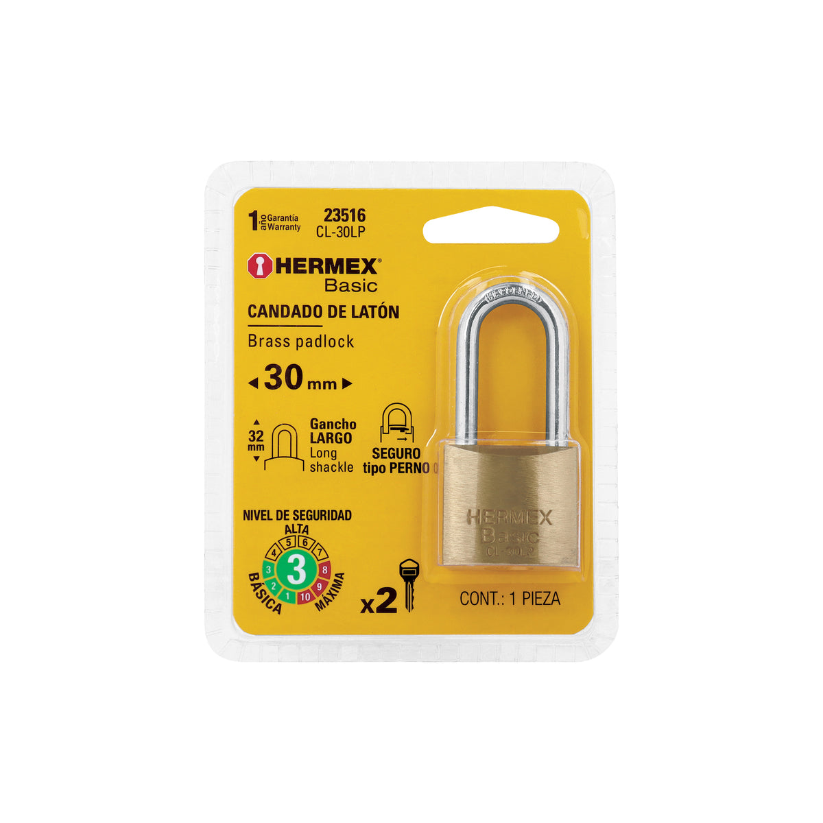 Candado de latón, 30mm, gancho largo, blister, Hermex Basic