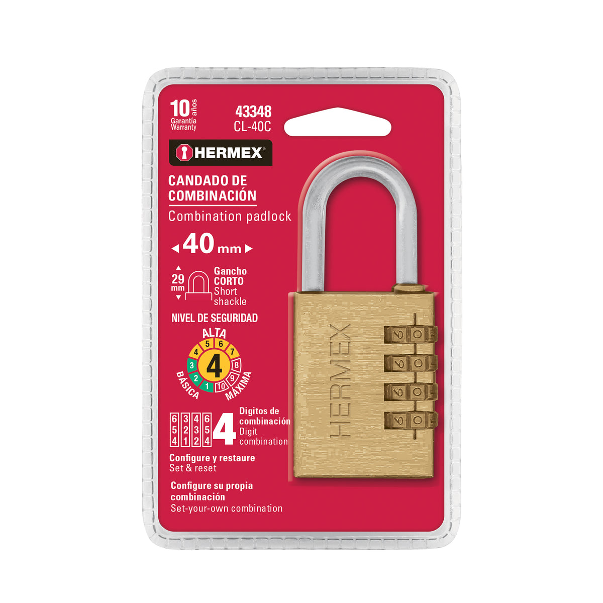 Candado de latón, 40mm de combinación, blister