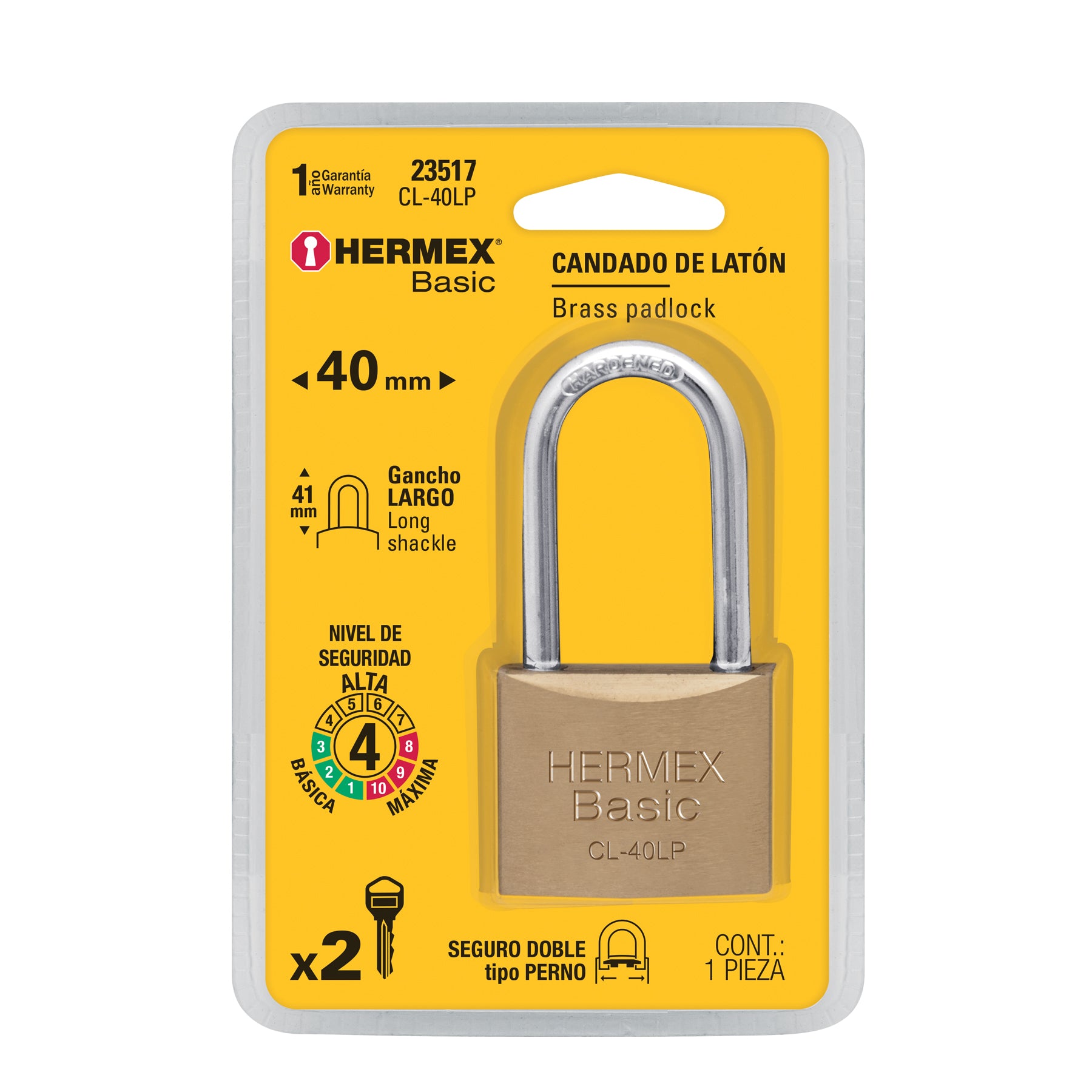 Candado de latón, 40mm, gancho largo, blister, Hermex Basic