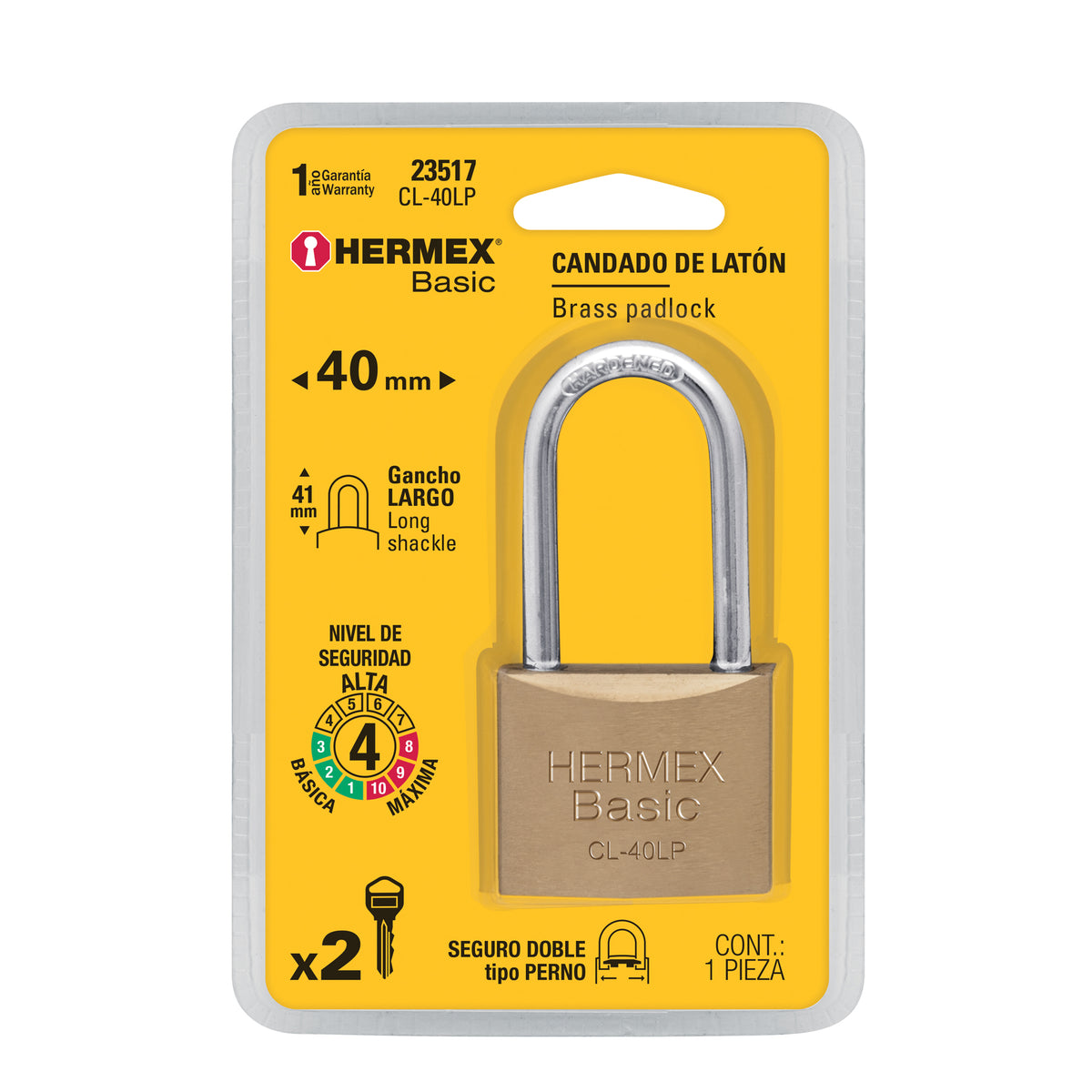 Candado de latón, 40mm, gancho largo, blister, Hermex Basic