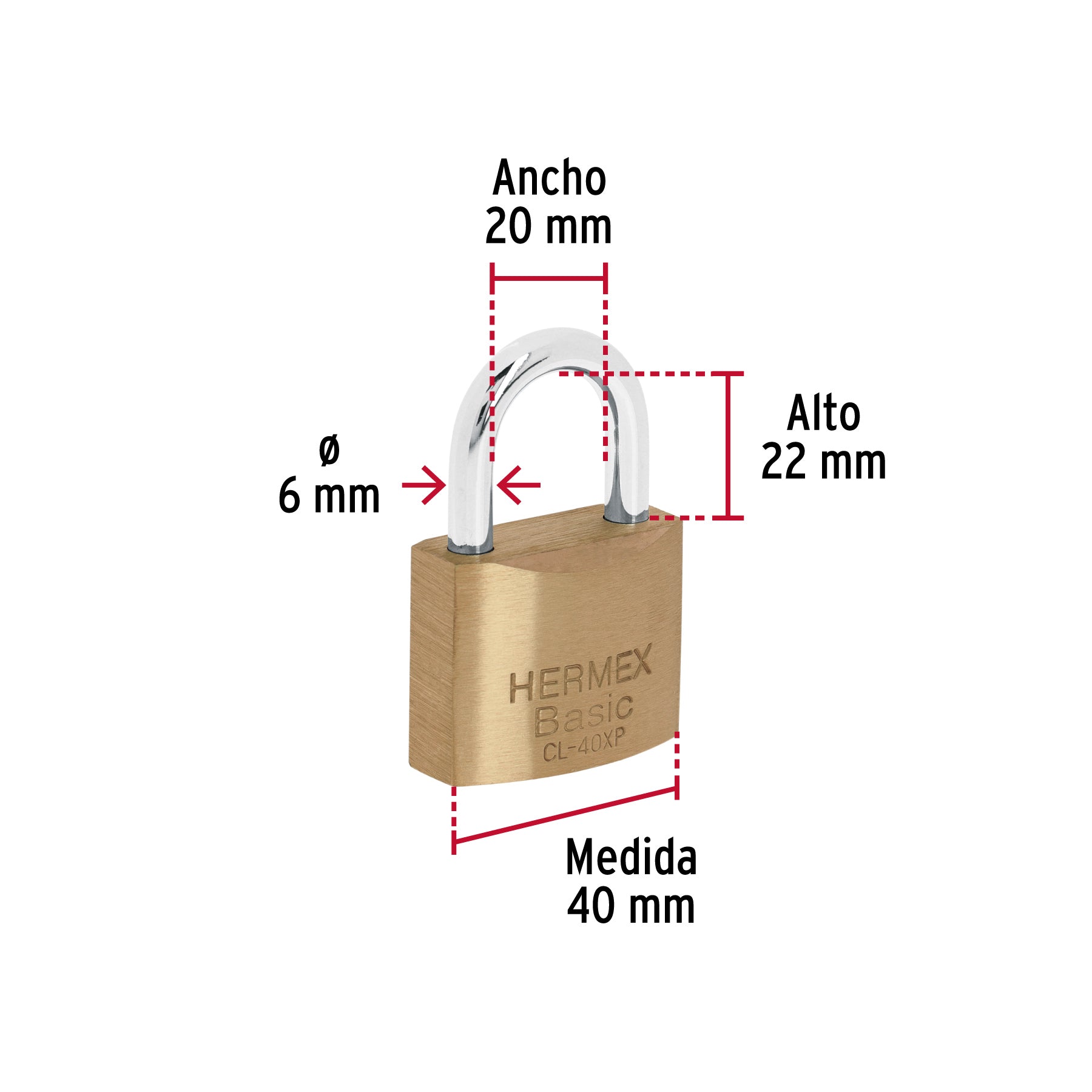 Candado de latón, 40mm, llave tetra, blister, Hermex Basic