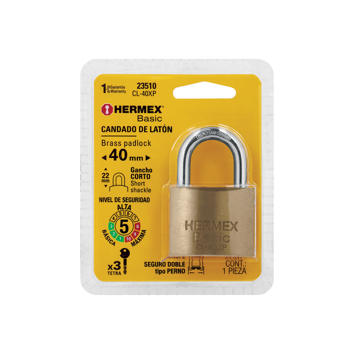 Candado de latón, 40mm, llave tetra, blister, Hermex Basic