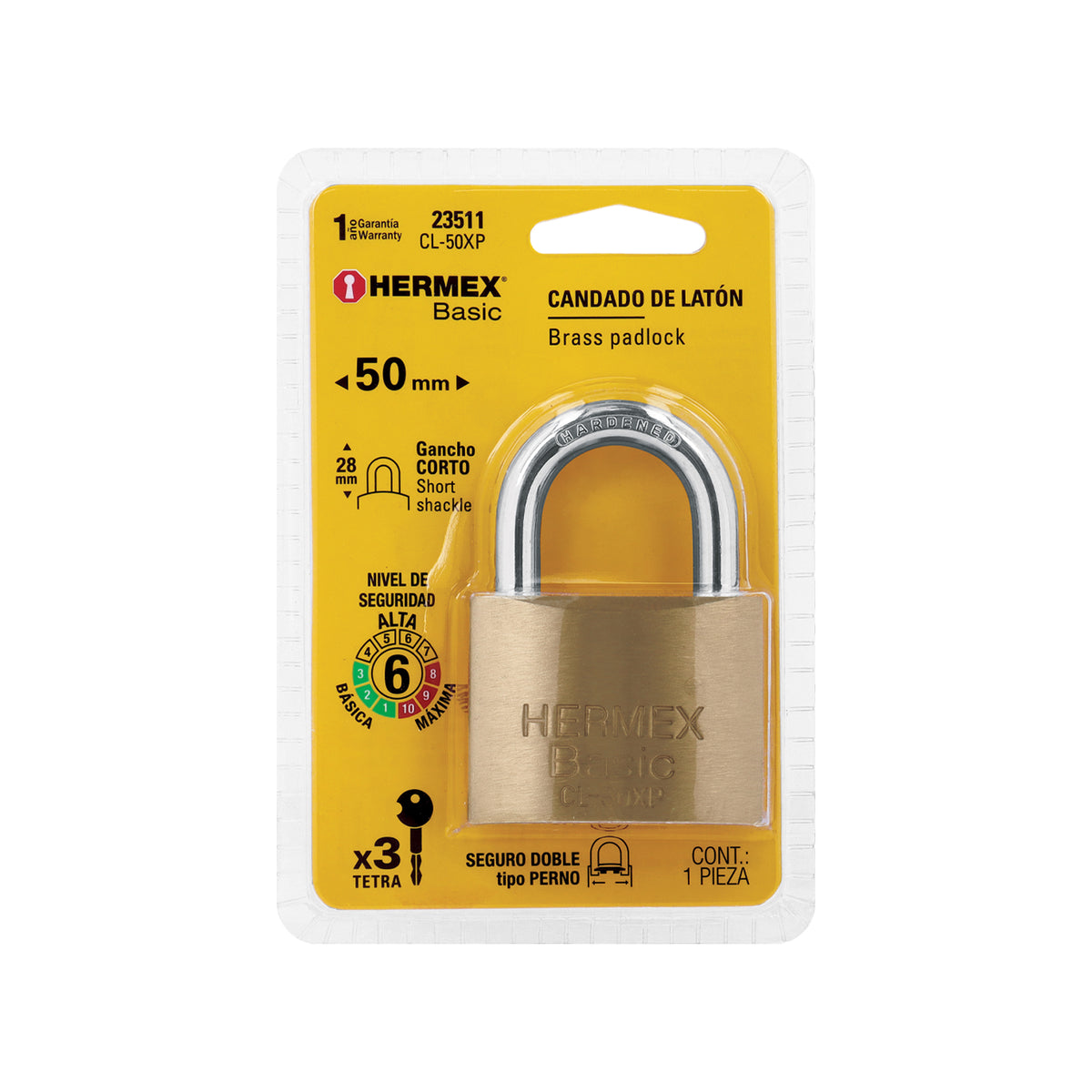 Candado de latón, 50mm, llave tetra, blister, Hermex Basic
