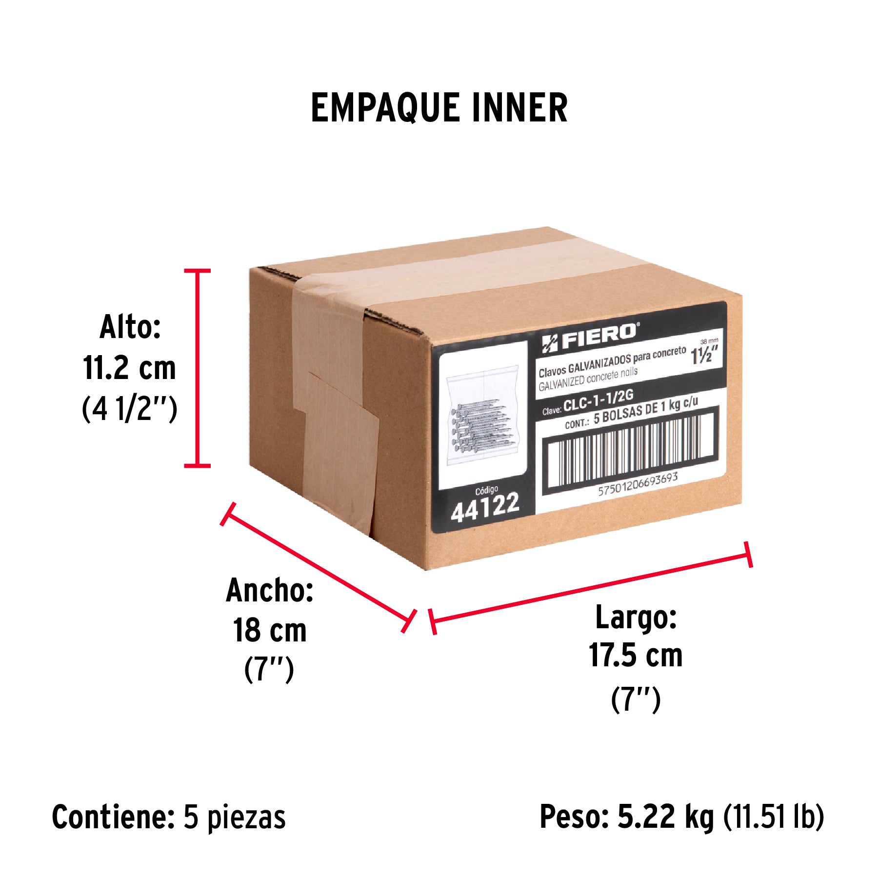 Clavo para concreto 1-1/2", galvanizado, caja de 1 kg