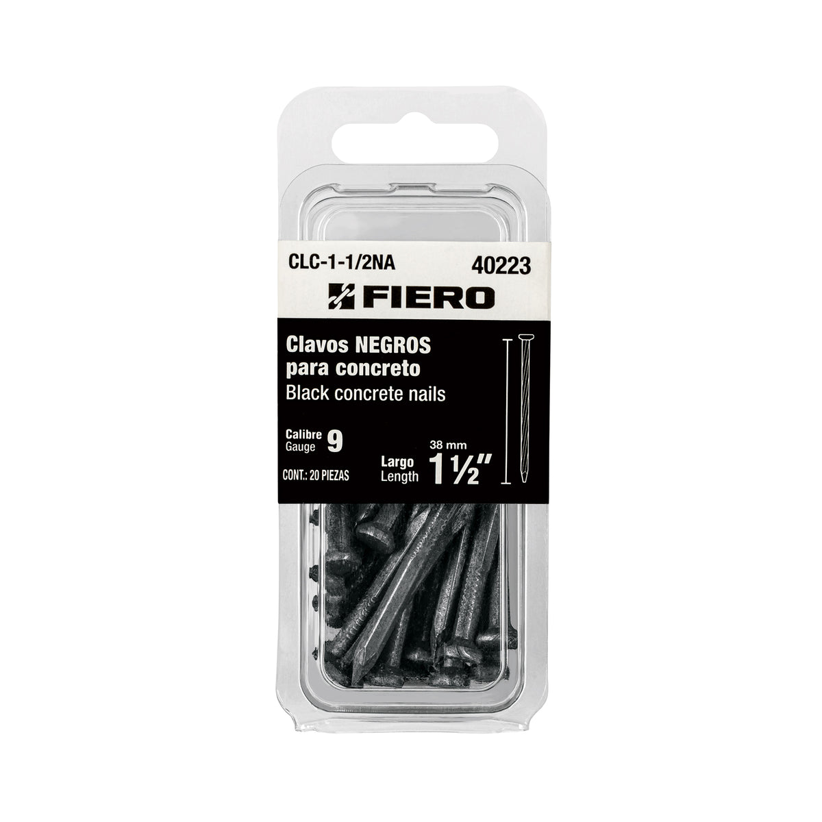 Blíster con 20 clavos negros para concreto 1-1/2', Fiero