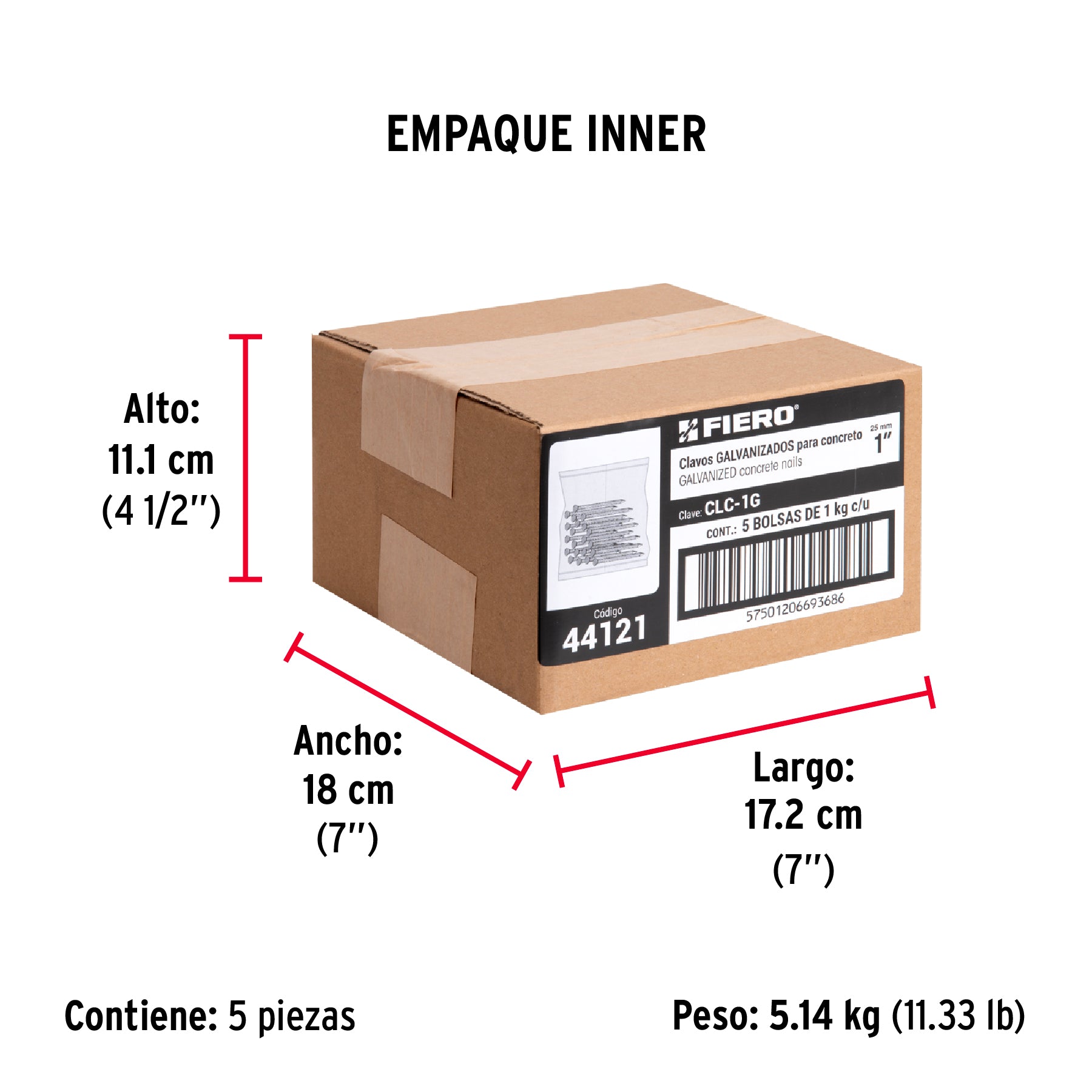 Clavo para concreto 1", galvanizado, caja de 1 kg
