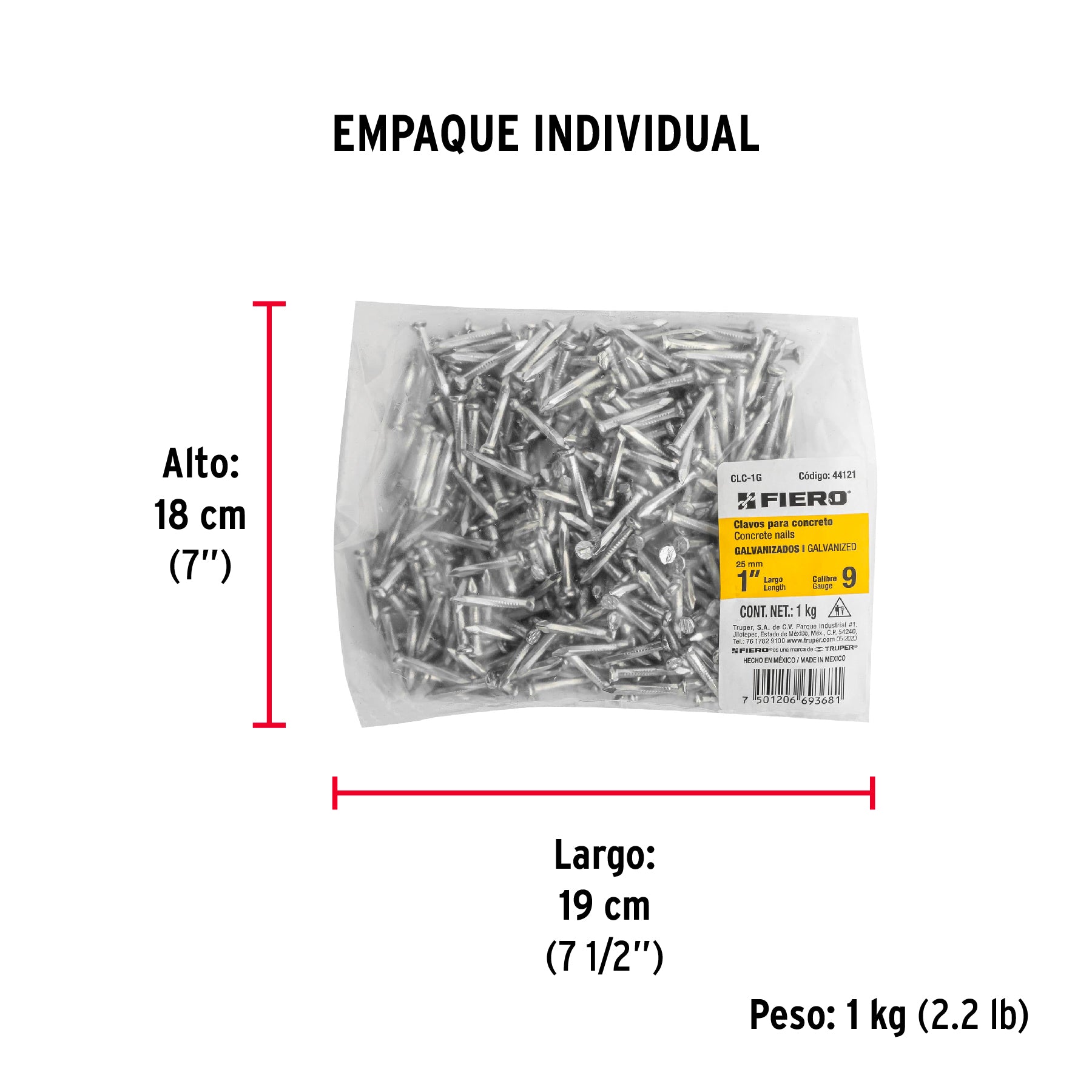 Clavo para concreto 1", galvanizado, caja de 1 kg