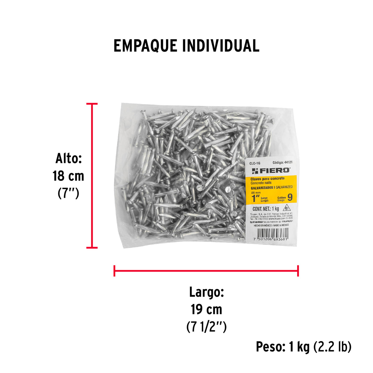 Clavo para concreto 1", galvanizado, caja de 1 kg