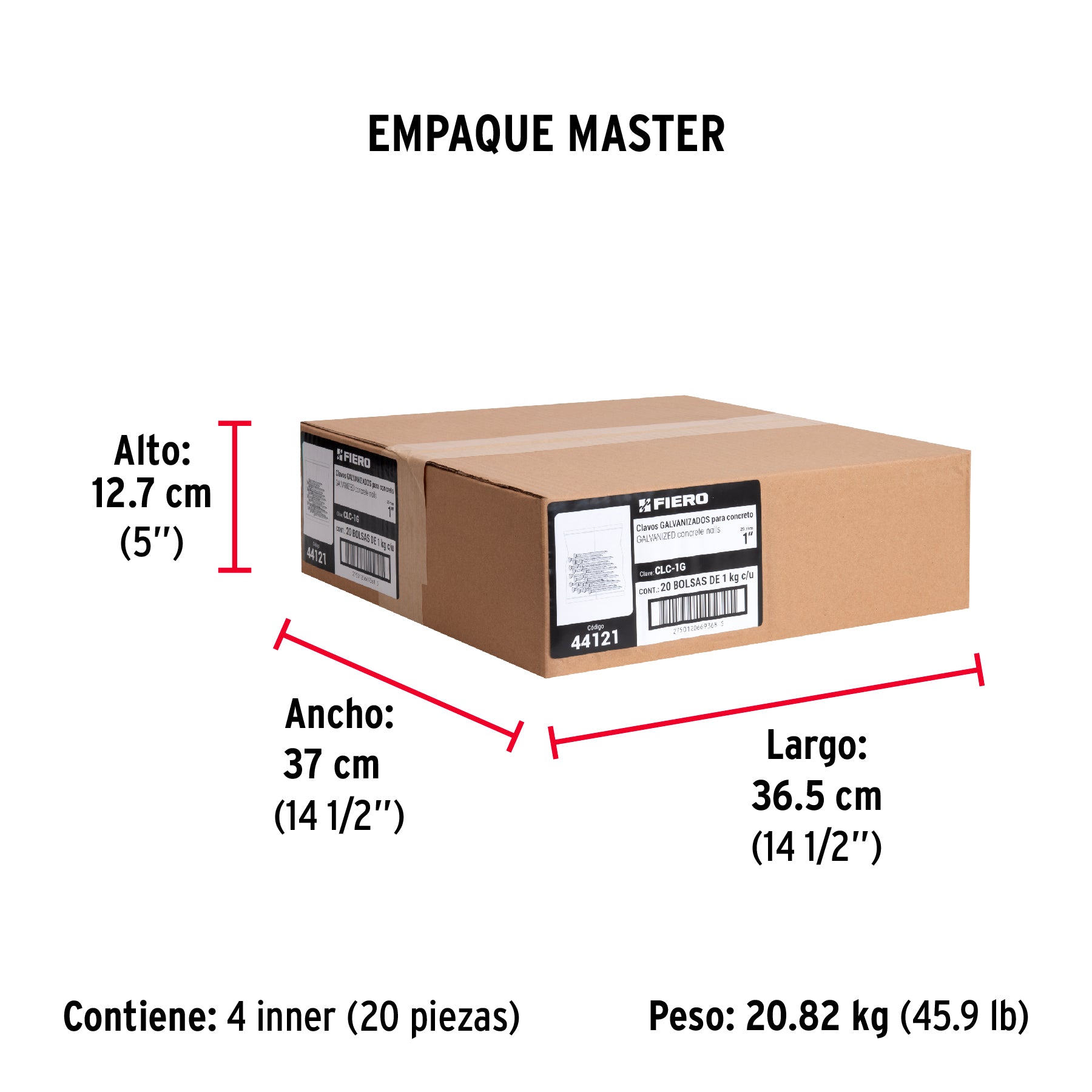 Clavo para concreto 1", galvanizado, caja de 1 kg